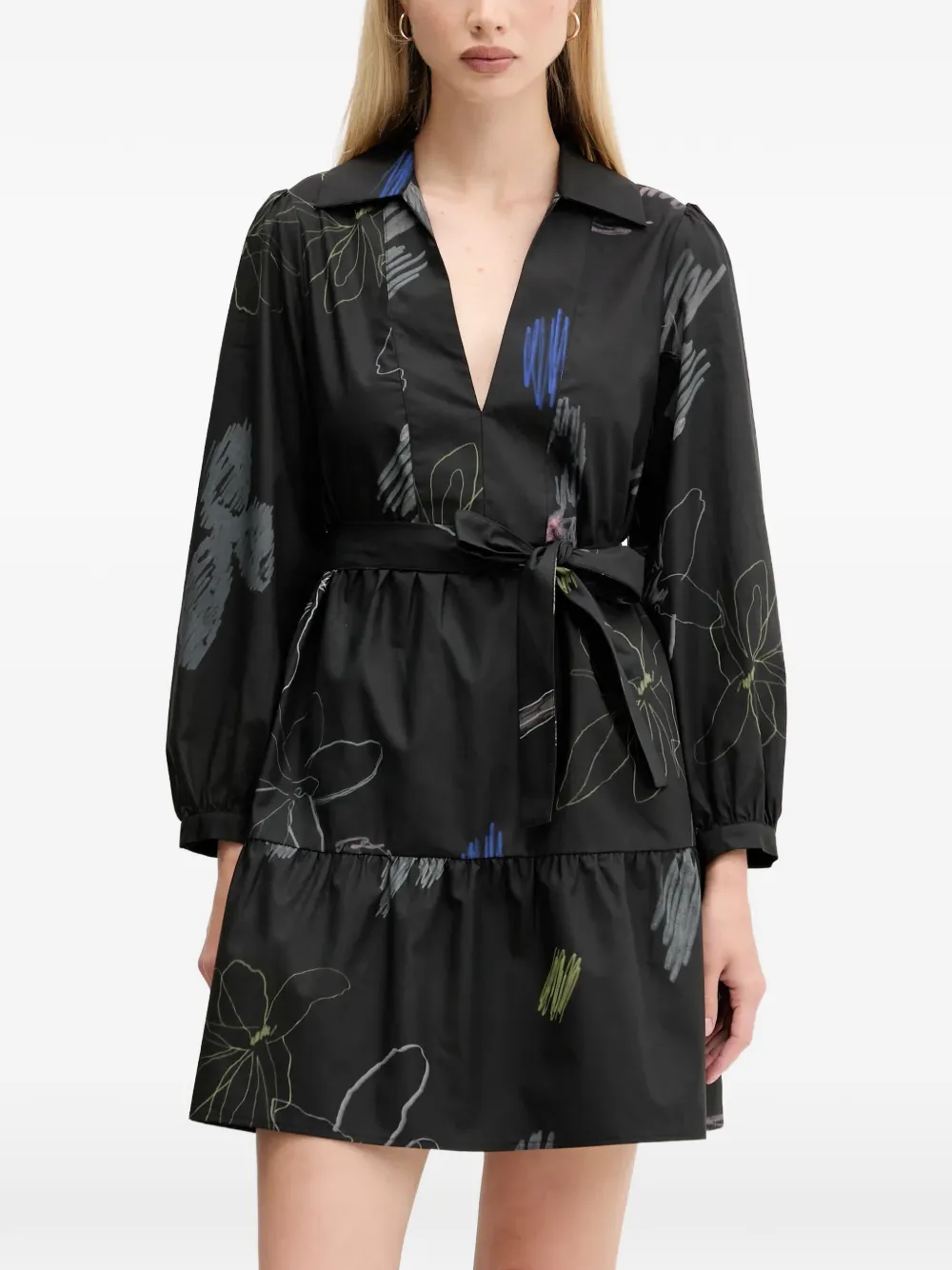 Desigual Mini-blousejurk met bloemenprint en ceintuur Zwart