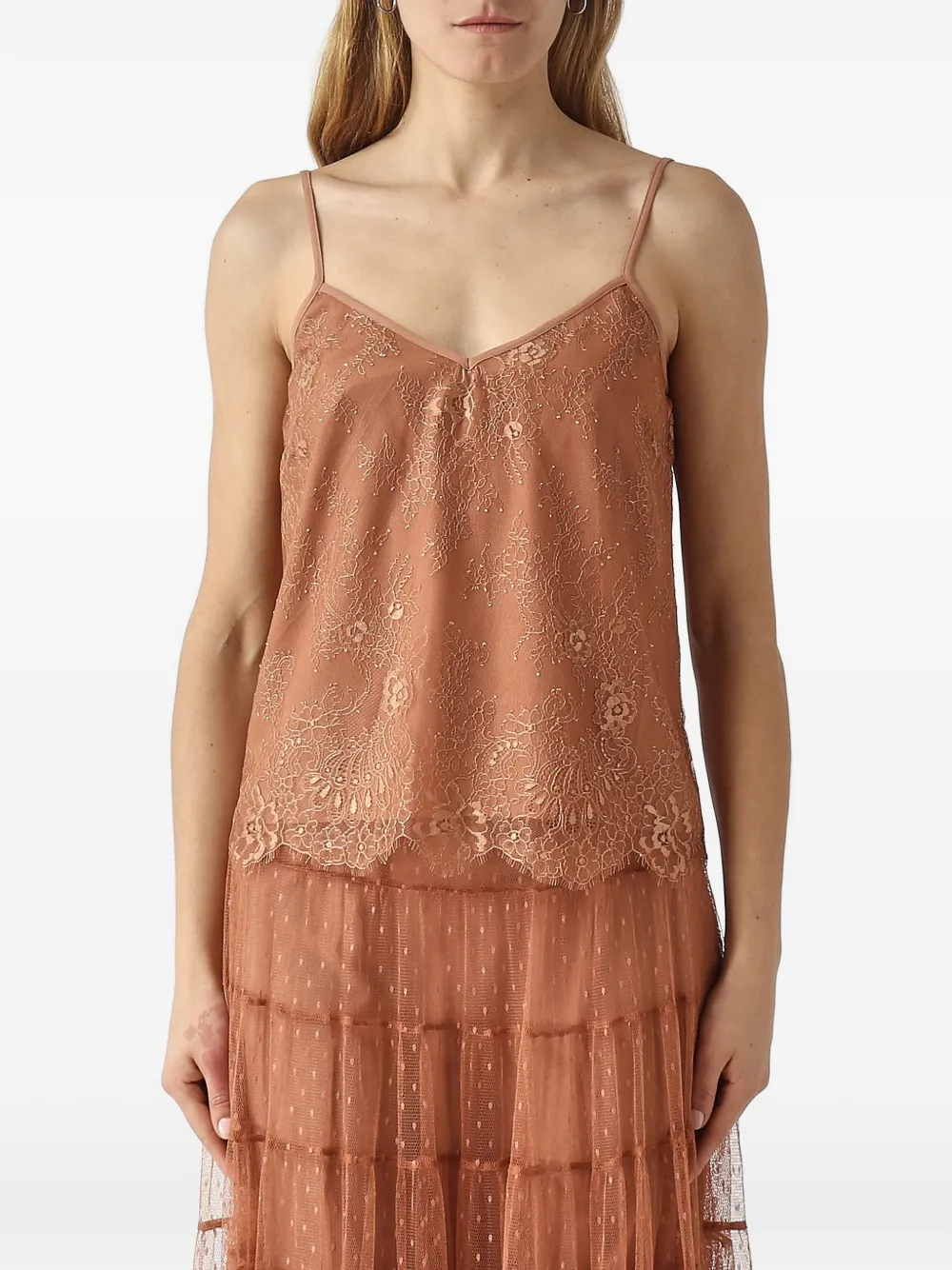 TWINSET lace-embroidered scalloped top - Marrone