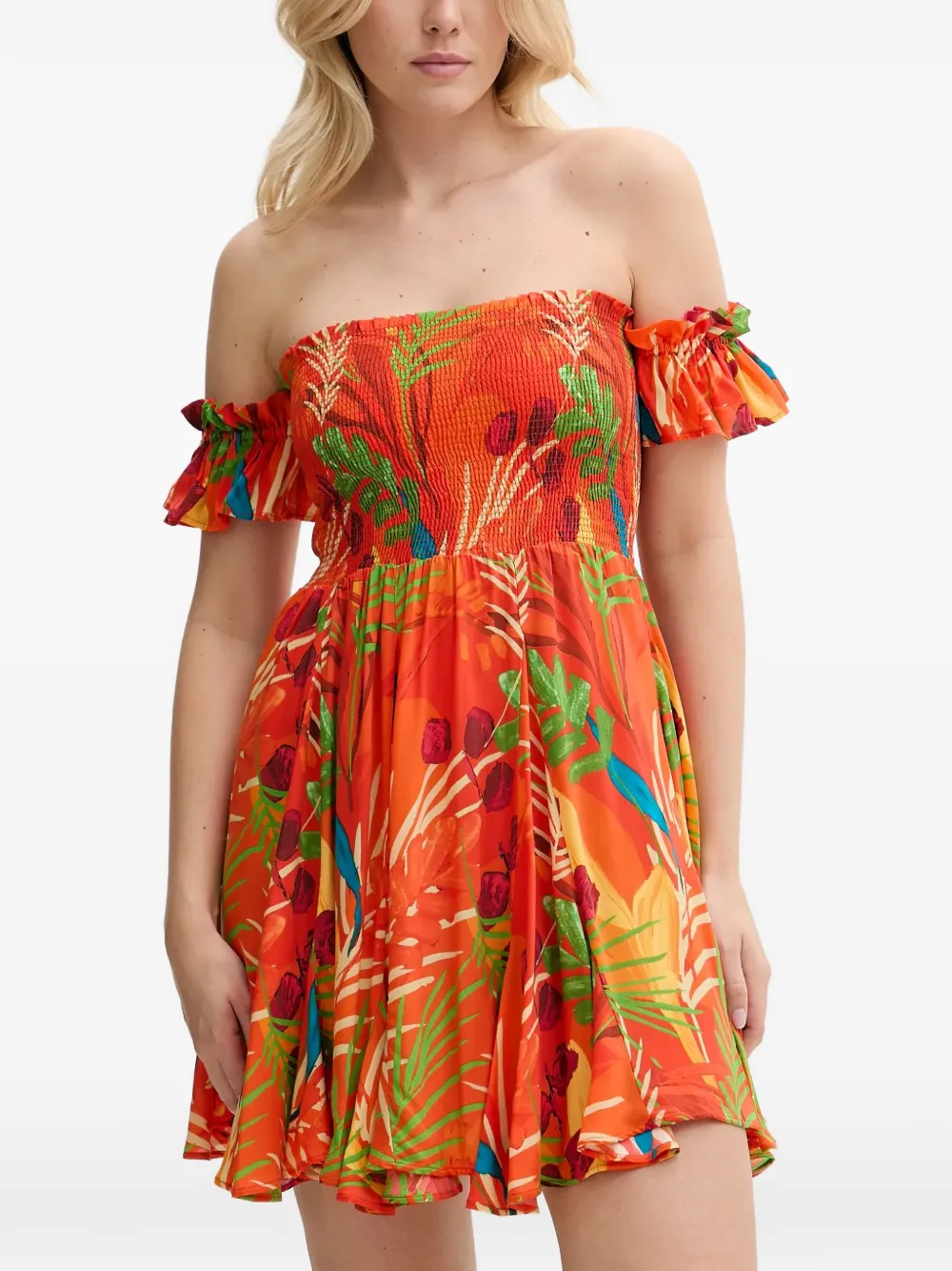 Desigual smocked tropical-print mini beach dress - Orange