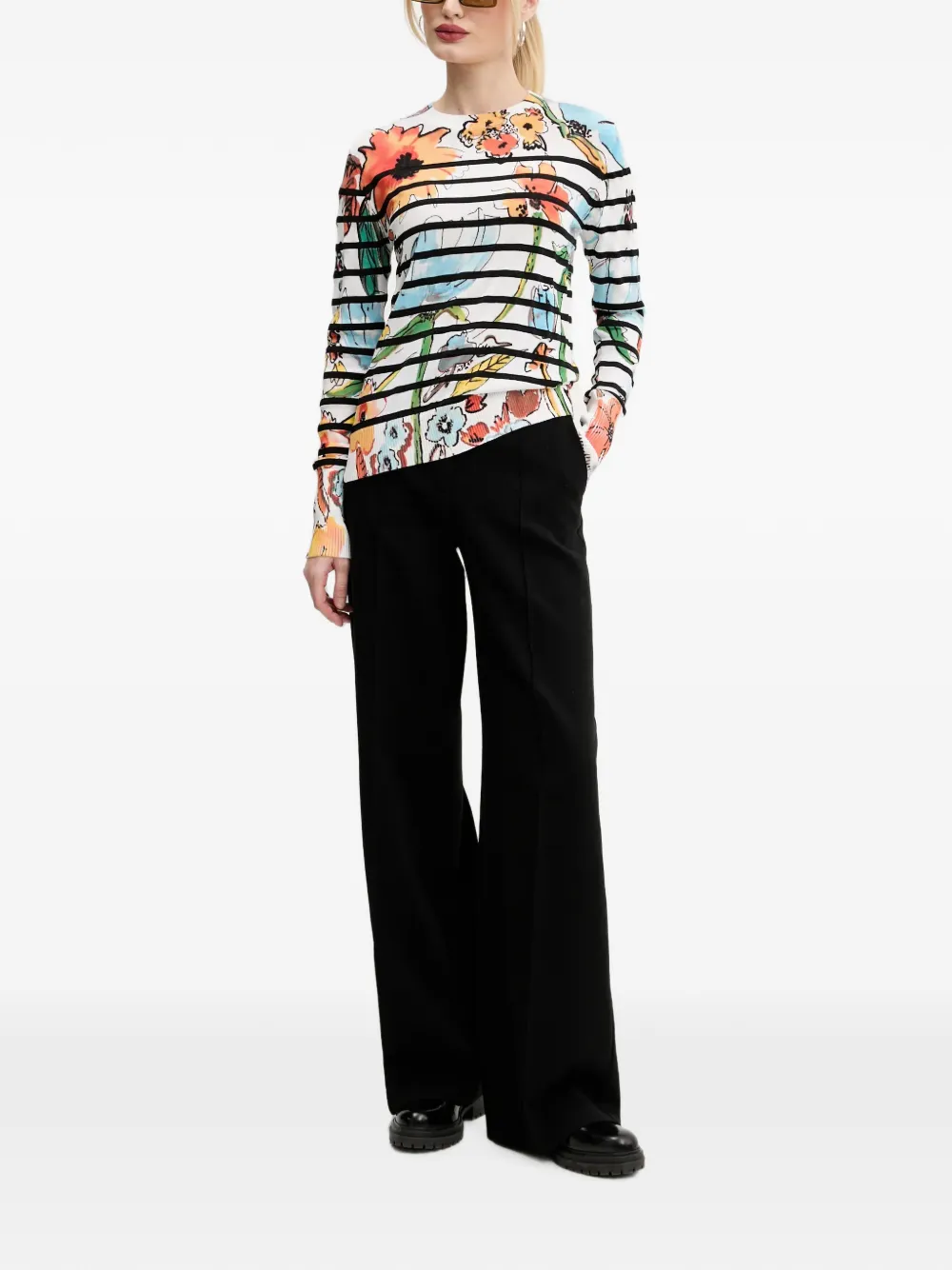 Desigual Gestreepte trui met bloemenprint Wit