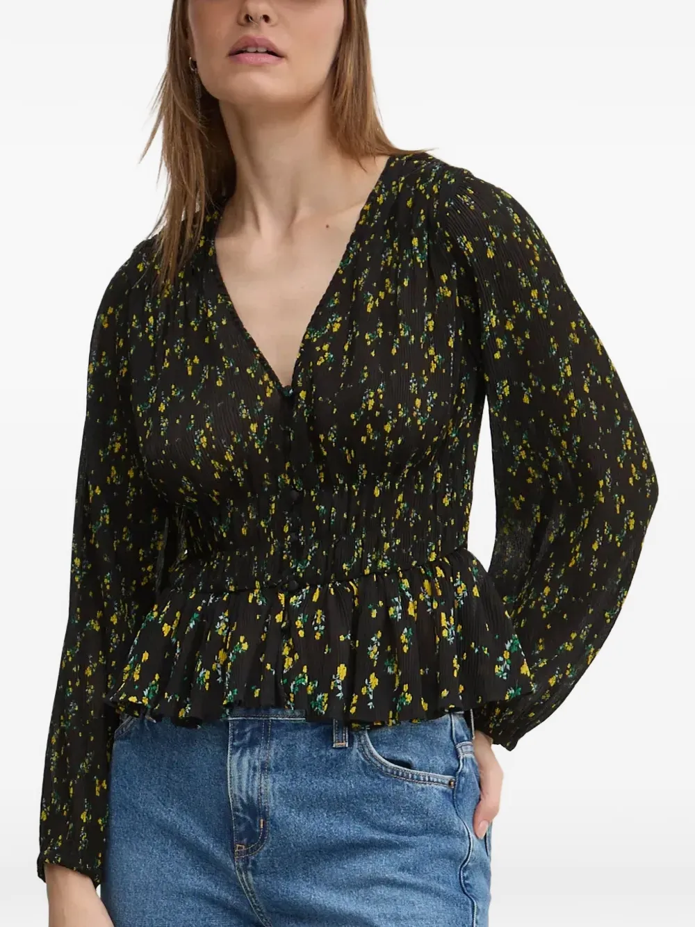 Desigual Top a fiori con scollo a V - Nero