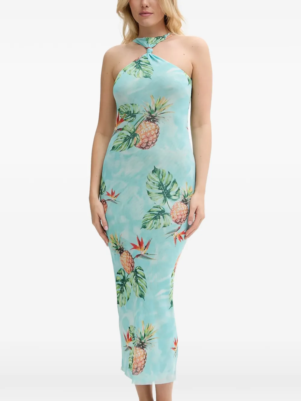 Desigual Midi-jurk van mesh met tropische print Blauw