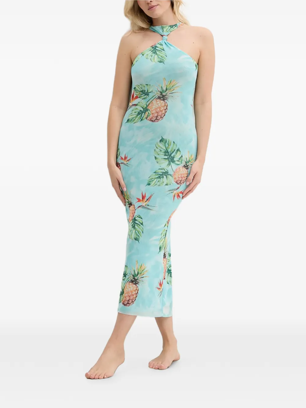 Desigual robe mi-longue en mesh à imprimé tropical - Bleu