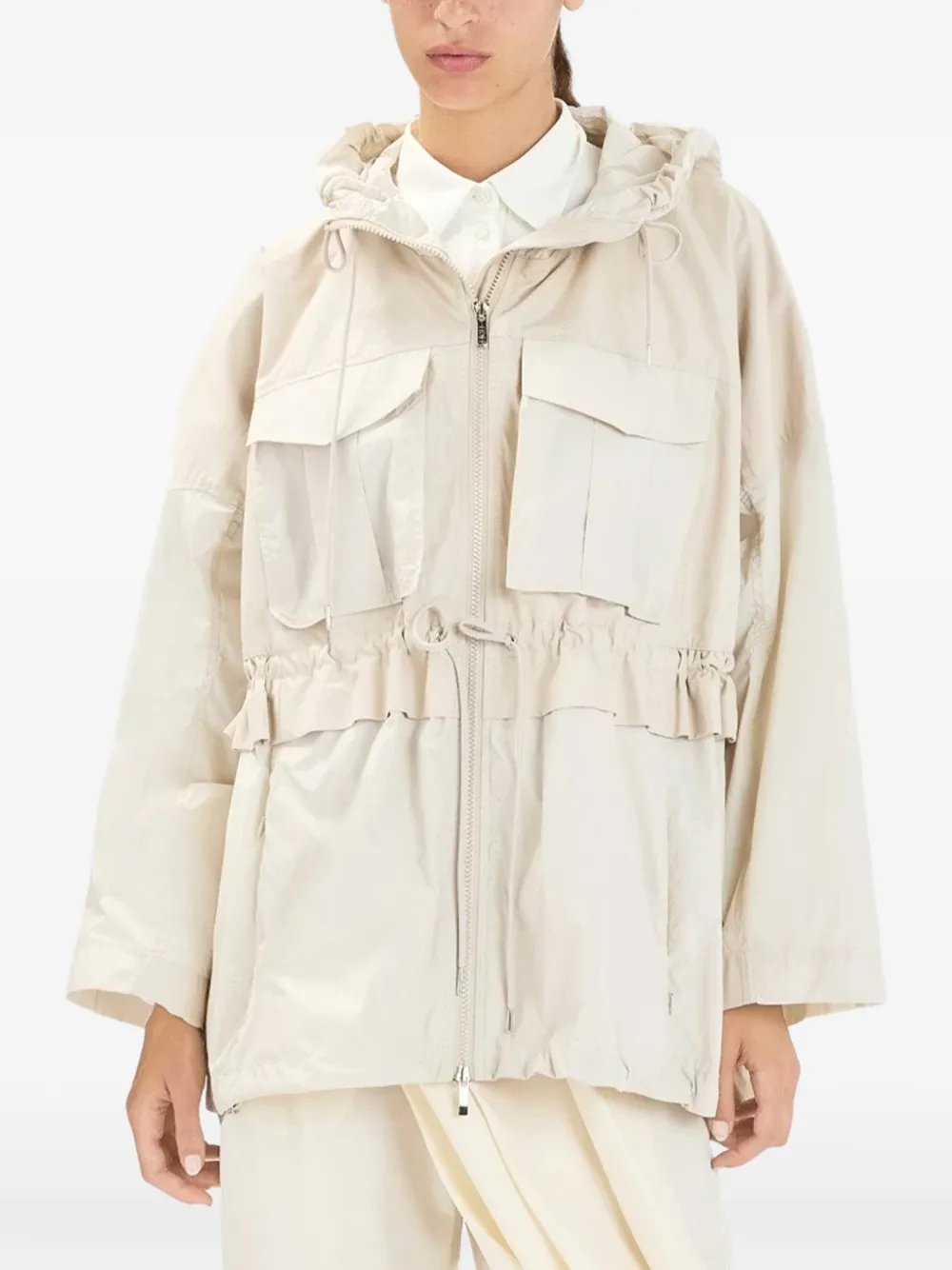  High Pleat Hooded Ruffled Parka - Neutrals 