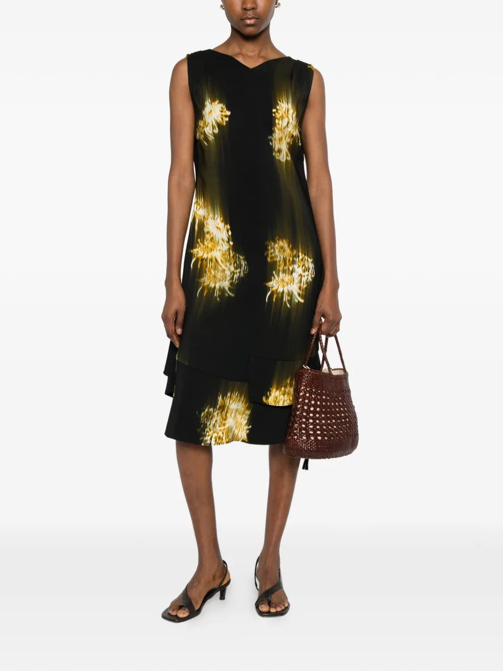Proenza Schouler Midi-jurk met bloemenprint en V-hals Zwart