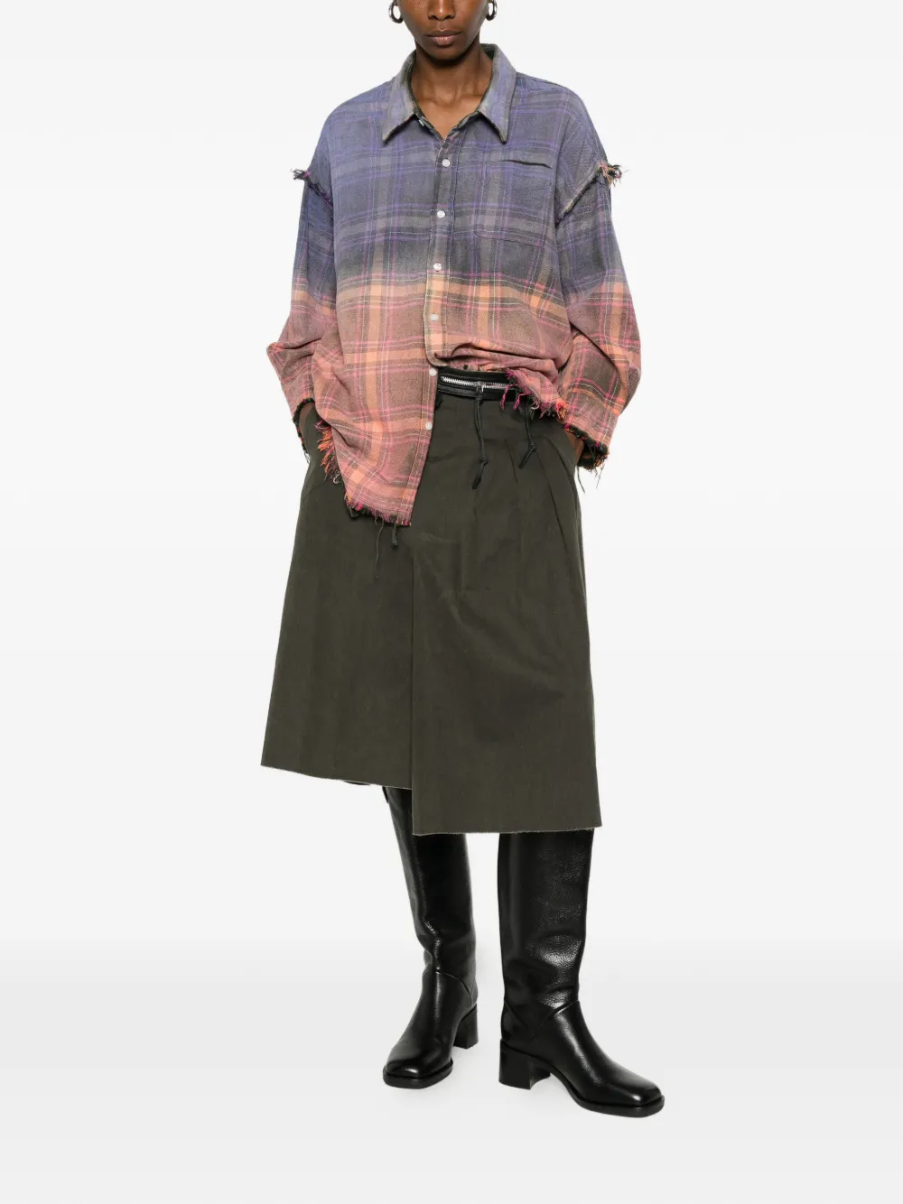  R13 Reversible Frayed Check Shirt - Purple 