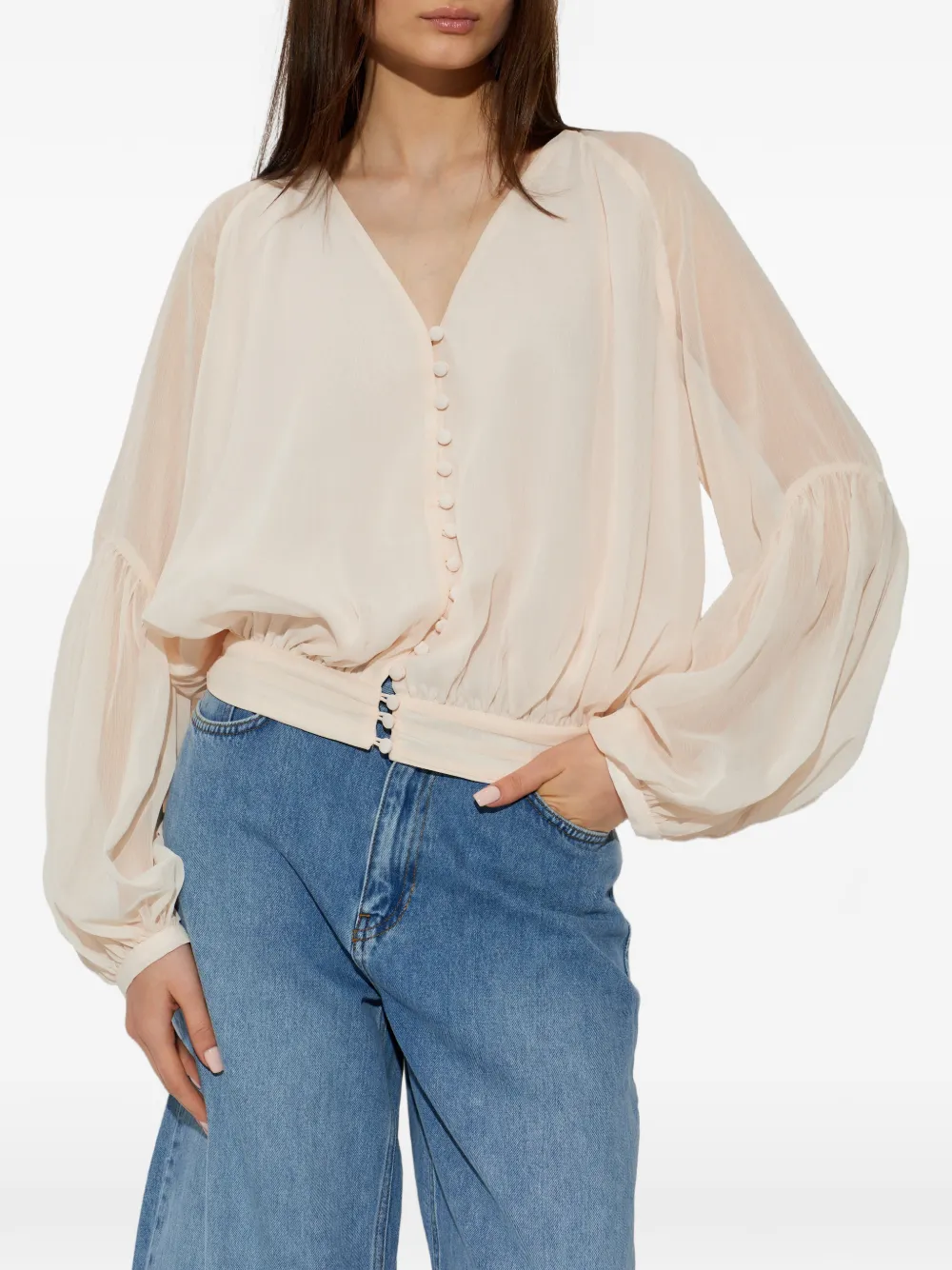  Rotate Birger Christensen Button Bishop Sleeve Blouse - Neutrals 