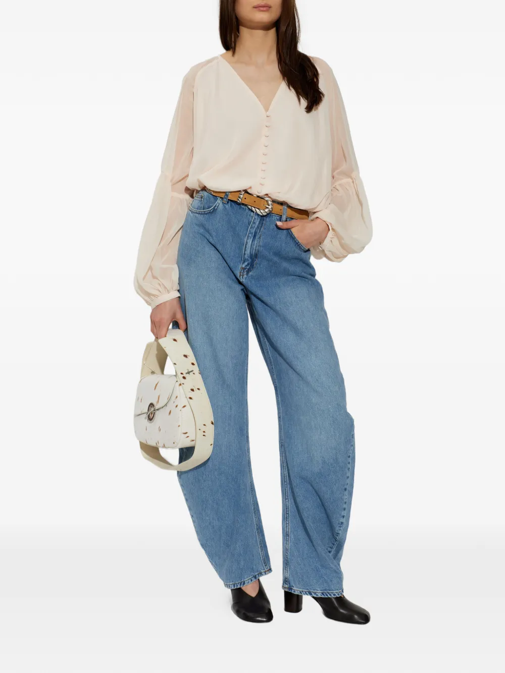  Rotate Birger Christensen Button Bishop Sleeve Blouse - Neutrals 