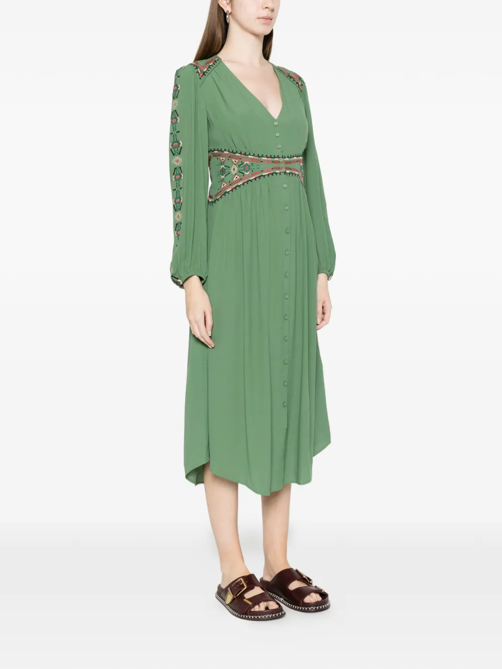 Ba&Sh Robe Tina midi-jurk met borduurwerk en knopen Groen