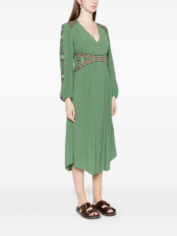 tina puff-sleeved embroidered midi dress Ba&Sh Robe Tina Embroidery Buttoned Midi Dress | Green