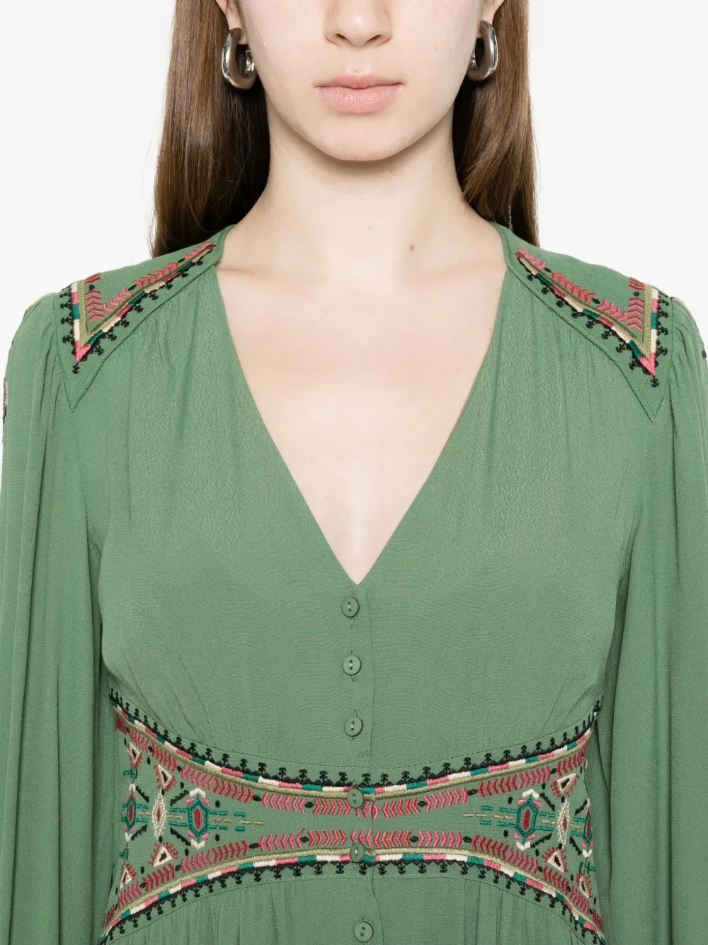 Ba&Sh Robe Tina midi-jurk met borduurwerk en knopen Groen