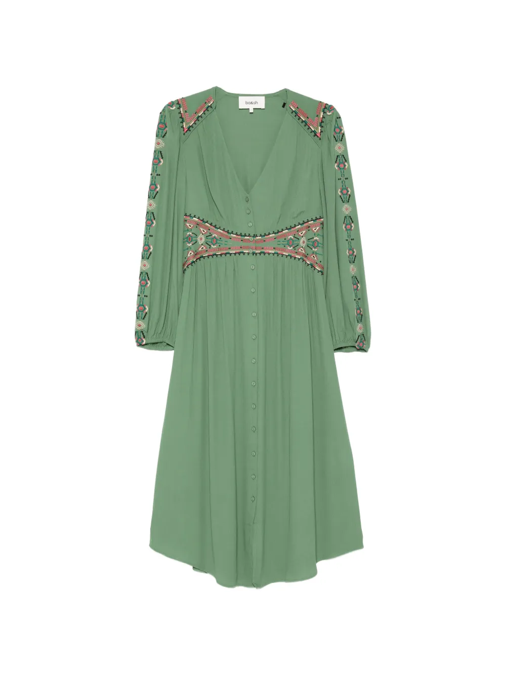 Ba&Sh Robe Tina embroidery buttoned midi dress - Verde