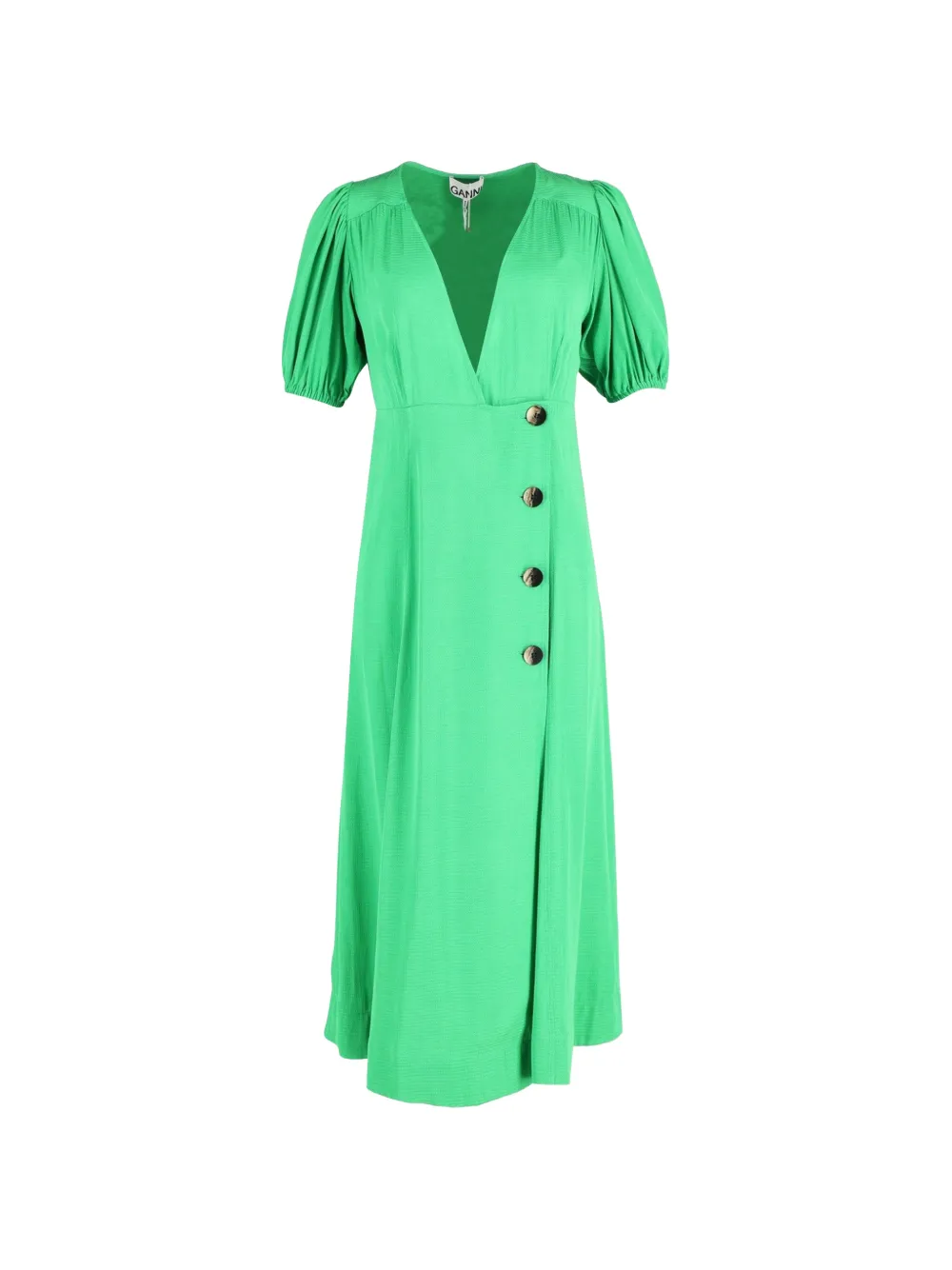 GANNI puffed-sleeve V-neck midi dress - Green