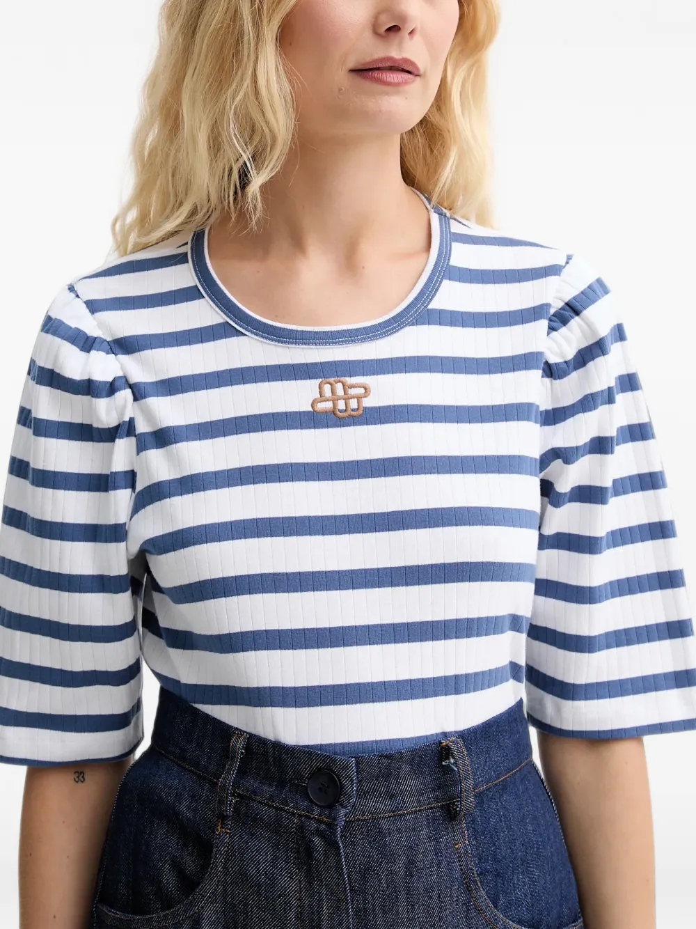 MUNTHE Parsa gestreept T-shirt met pofmouwen Wit