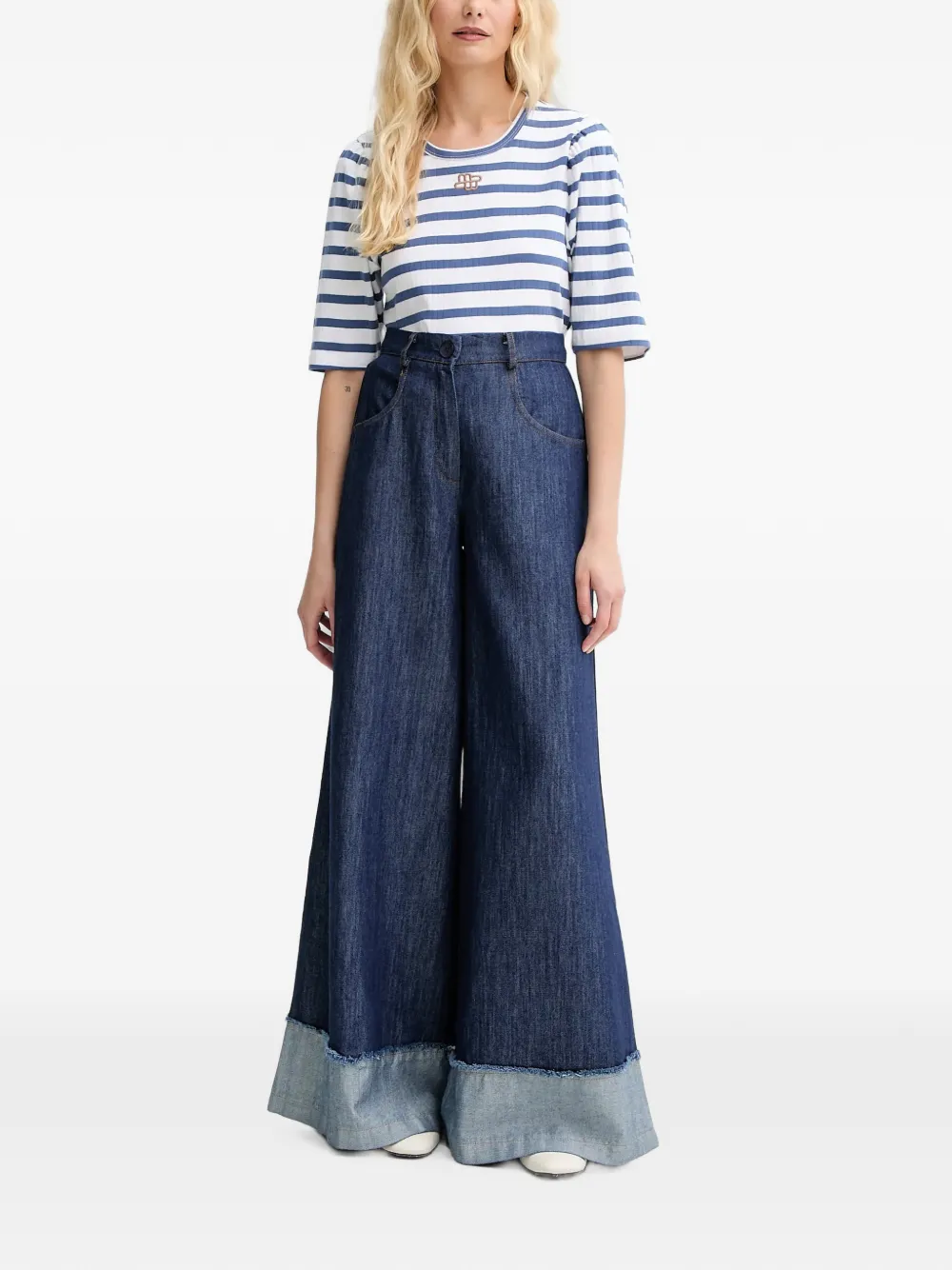 MUNTHE Parsa gestreept T-shirt met pofmouwen Wit