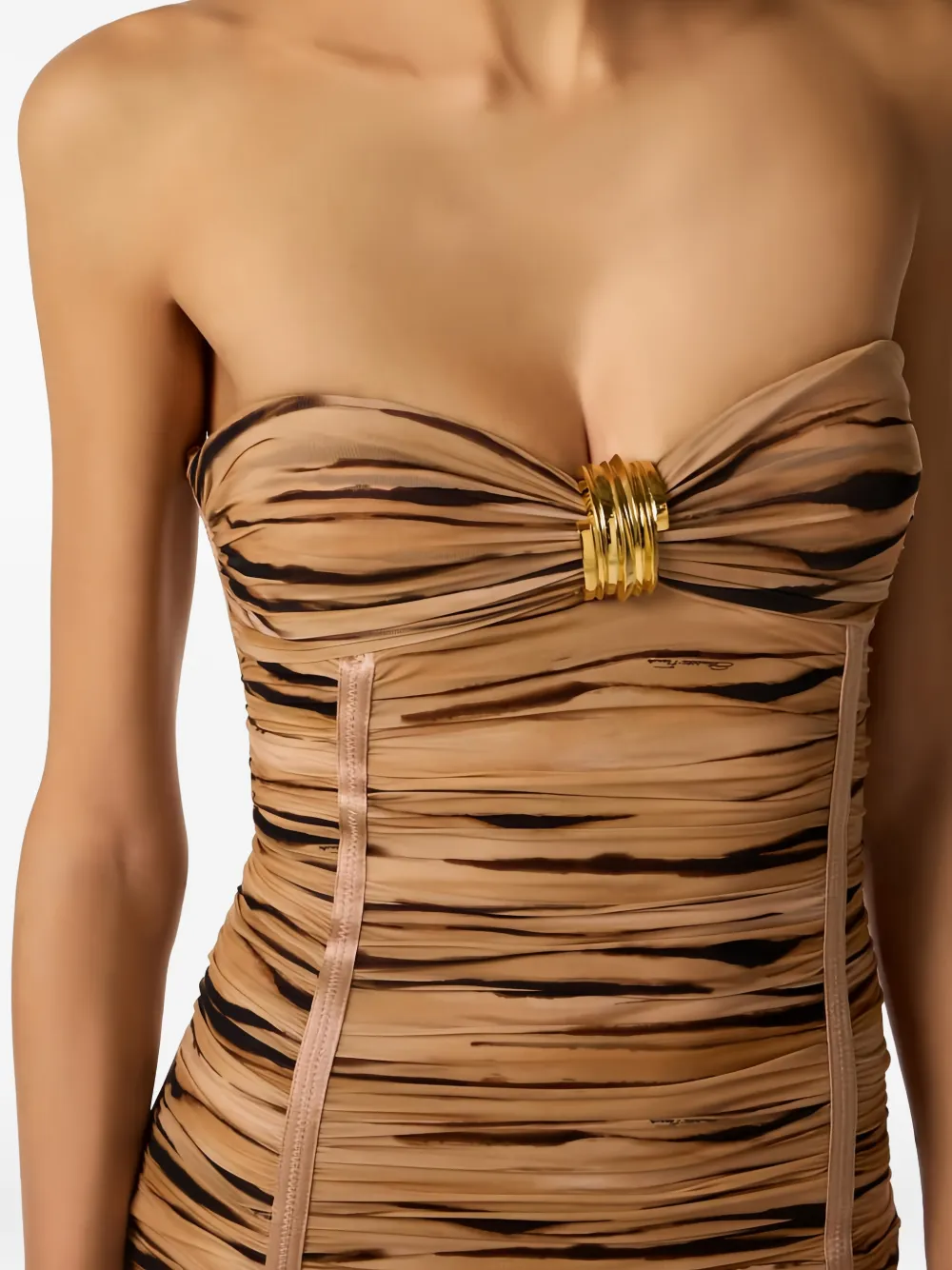 Elisabetta Franchi Jurk met tijgerprint en juwelen gesp Beige
