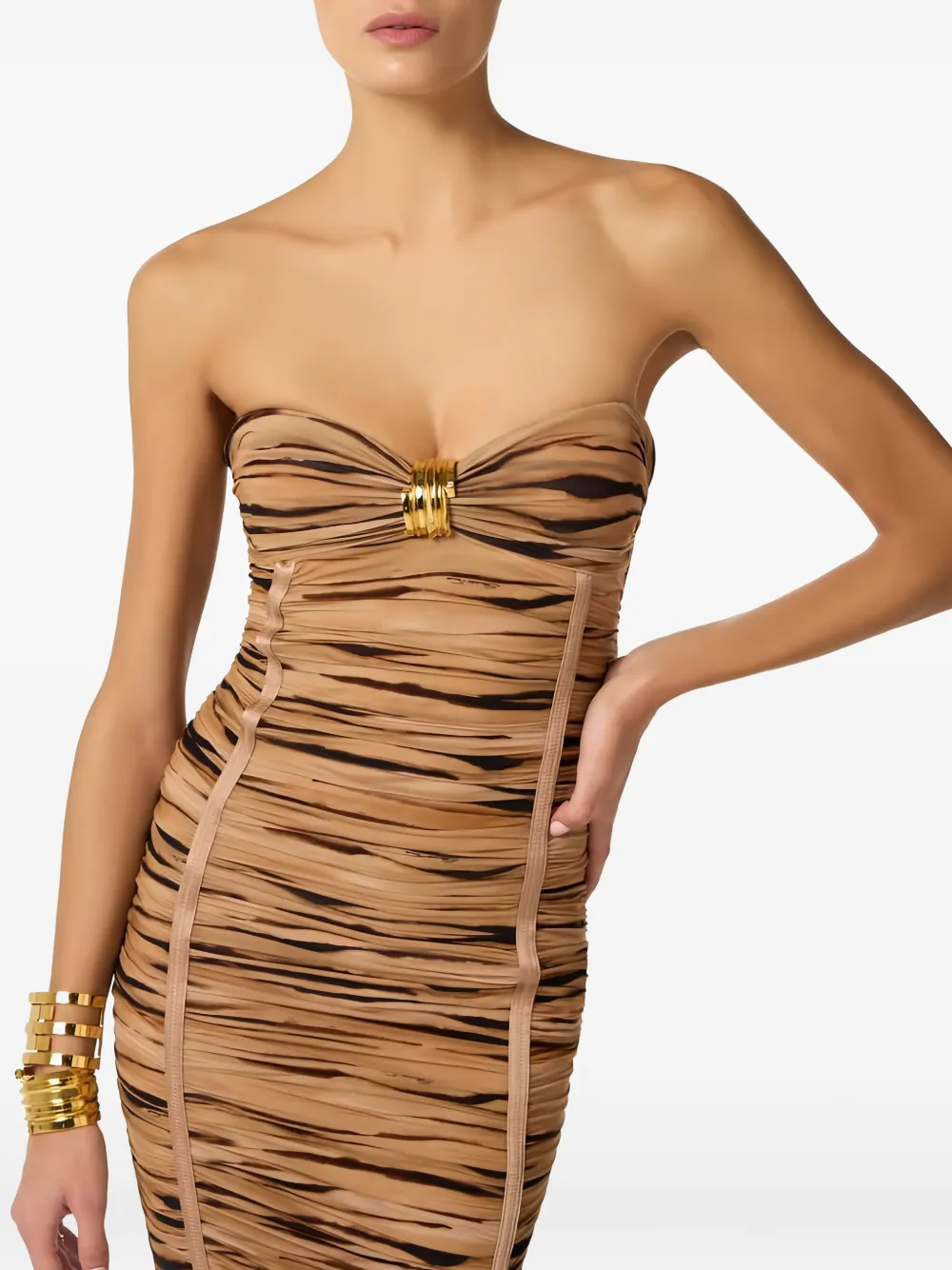 Elisabetta Franchi Jurk met tijgerprint en juwelen gesp Beige