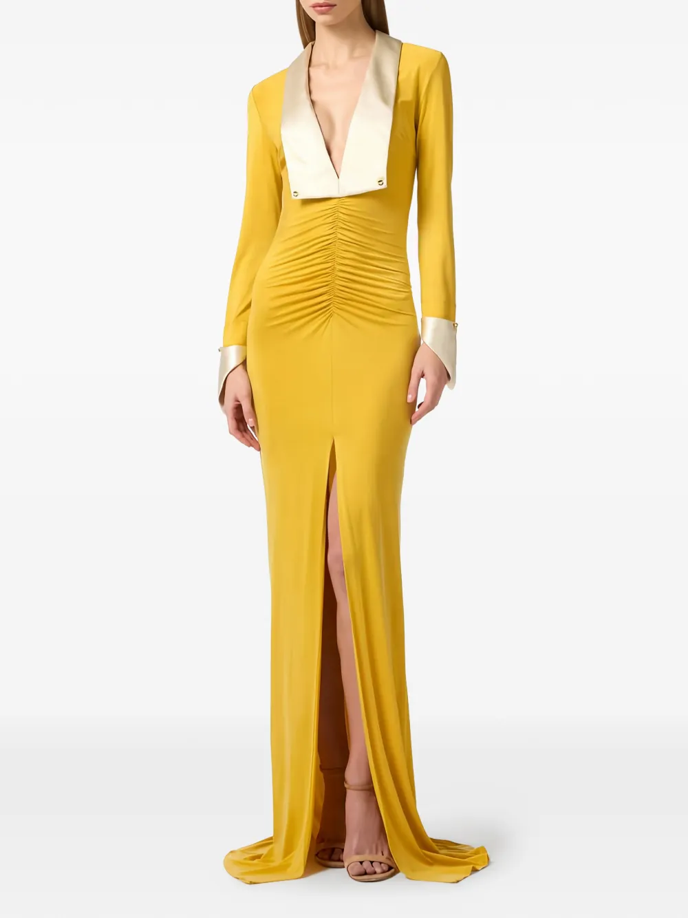 Elisabetta Franchi Getailleerde maxi-jurk met brede revers Geel