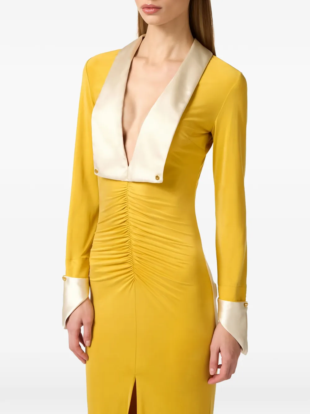Elisabetta Franchi Getailleerde maxi-jurk met brede revers Geel
