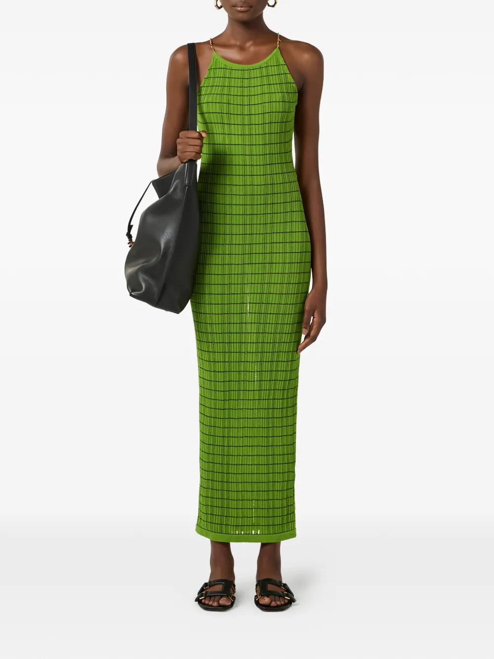 Elisabetta Franchi Gestreepte gebreide maxi-jurk met ketting Groen