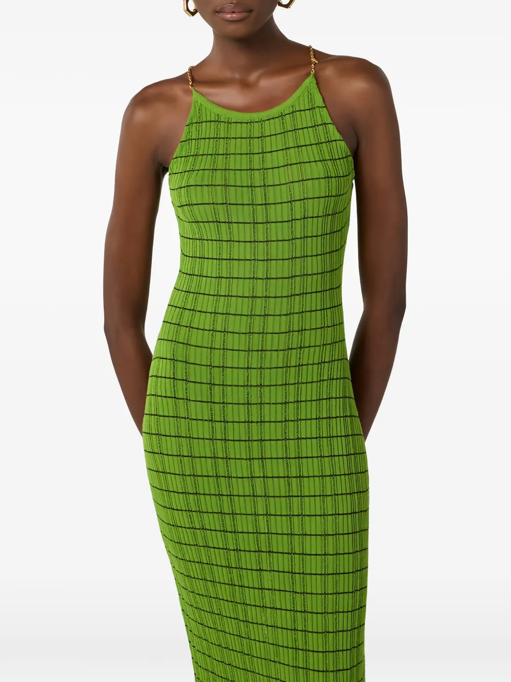 Elisabetta Franchi Gestreepte gebreide maxi-jurk met ketting Groen