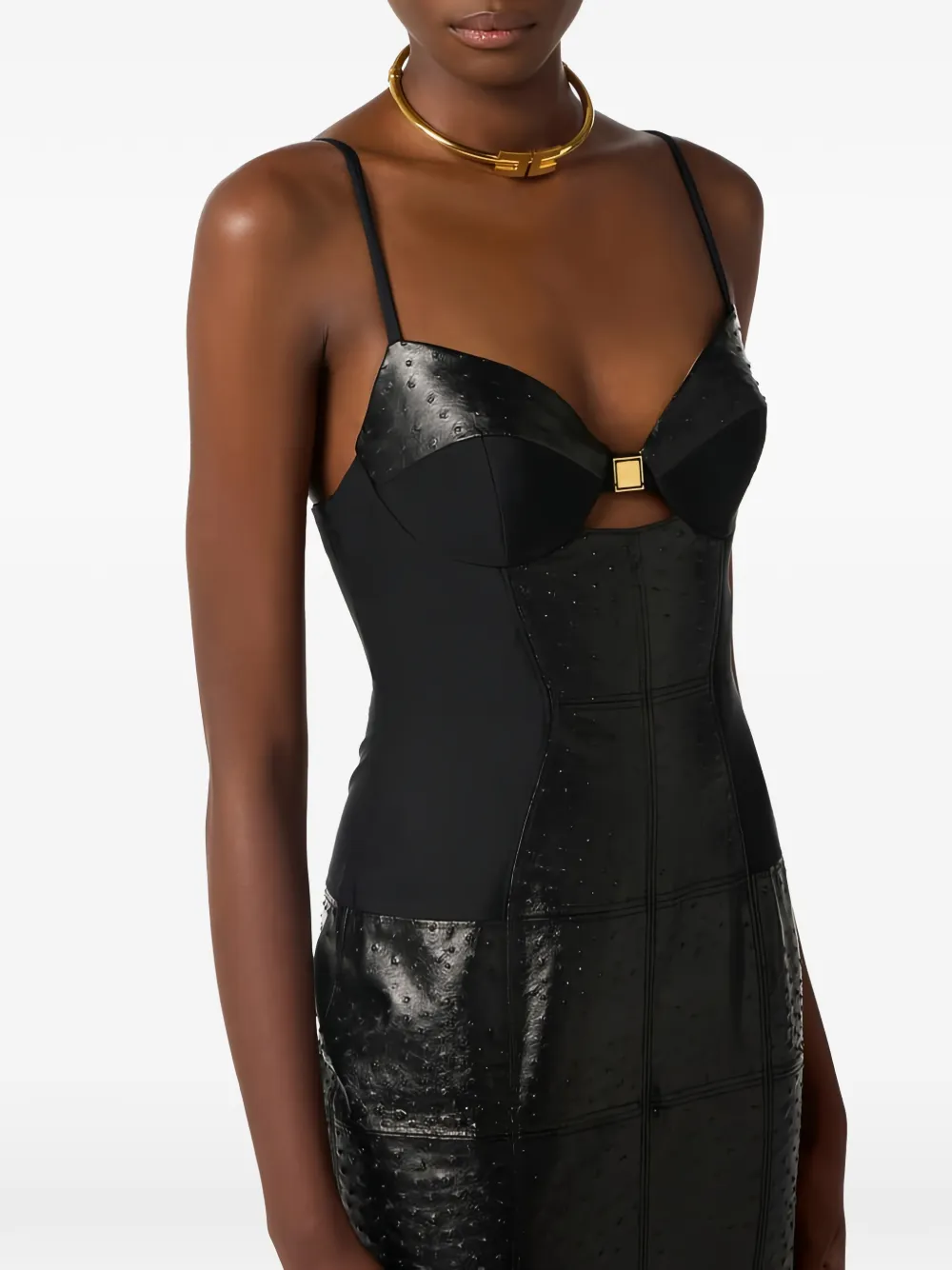 Elisabetta Franchi Midi-jurk met struisvogel-effect en uitgesneden details Zwart