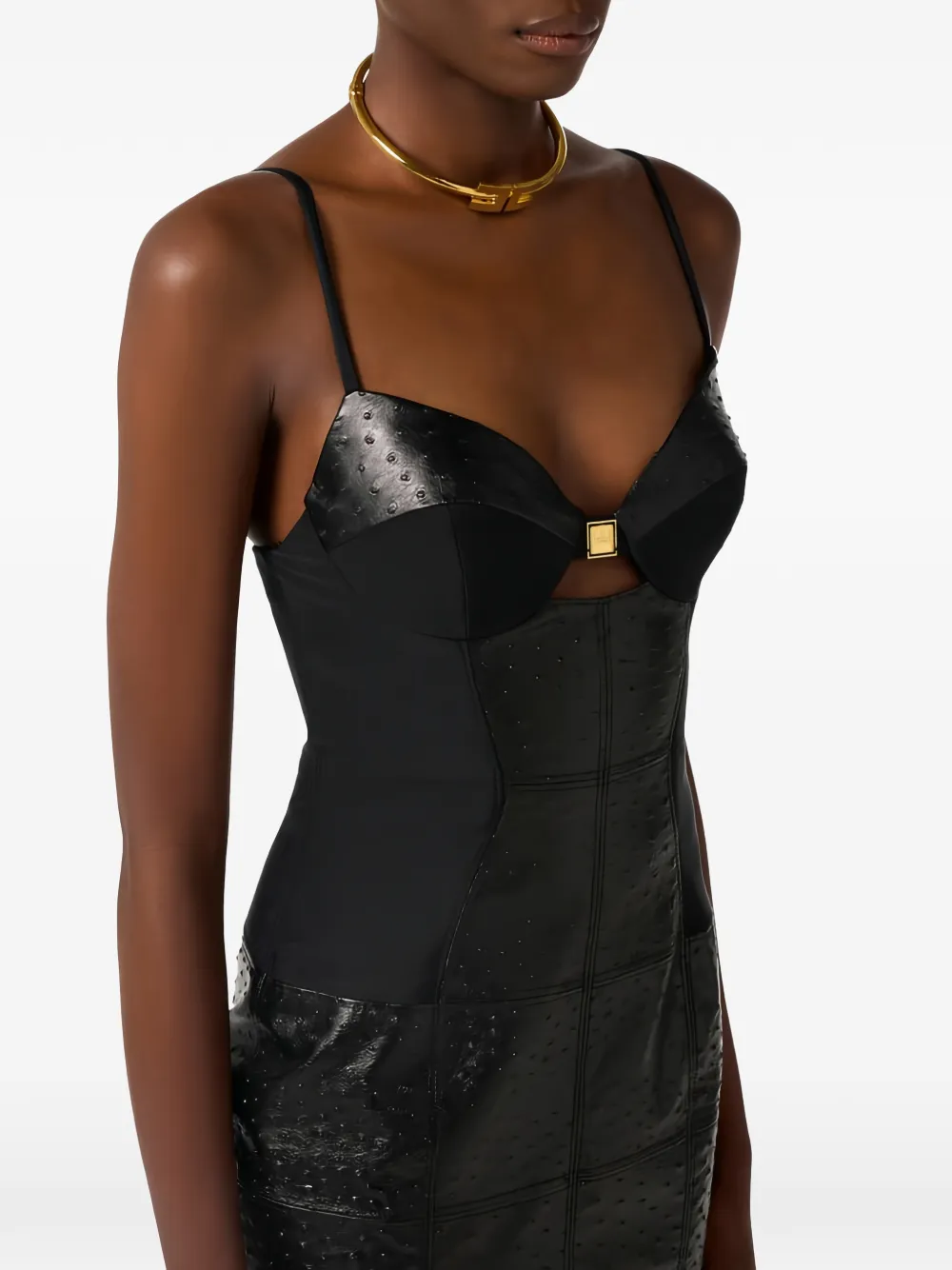 Elisabetta Franchi Midi-jurk met struisvogel-effect en uitgesneden details Zwart