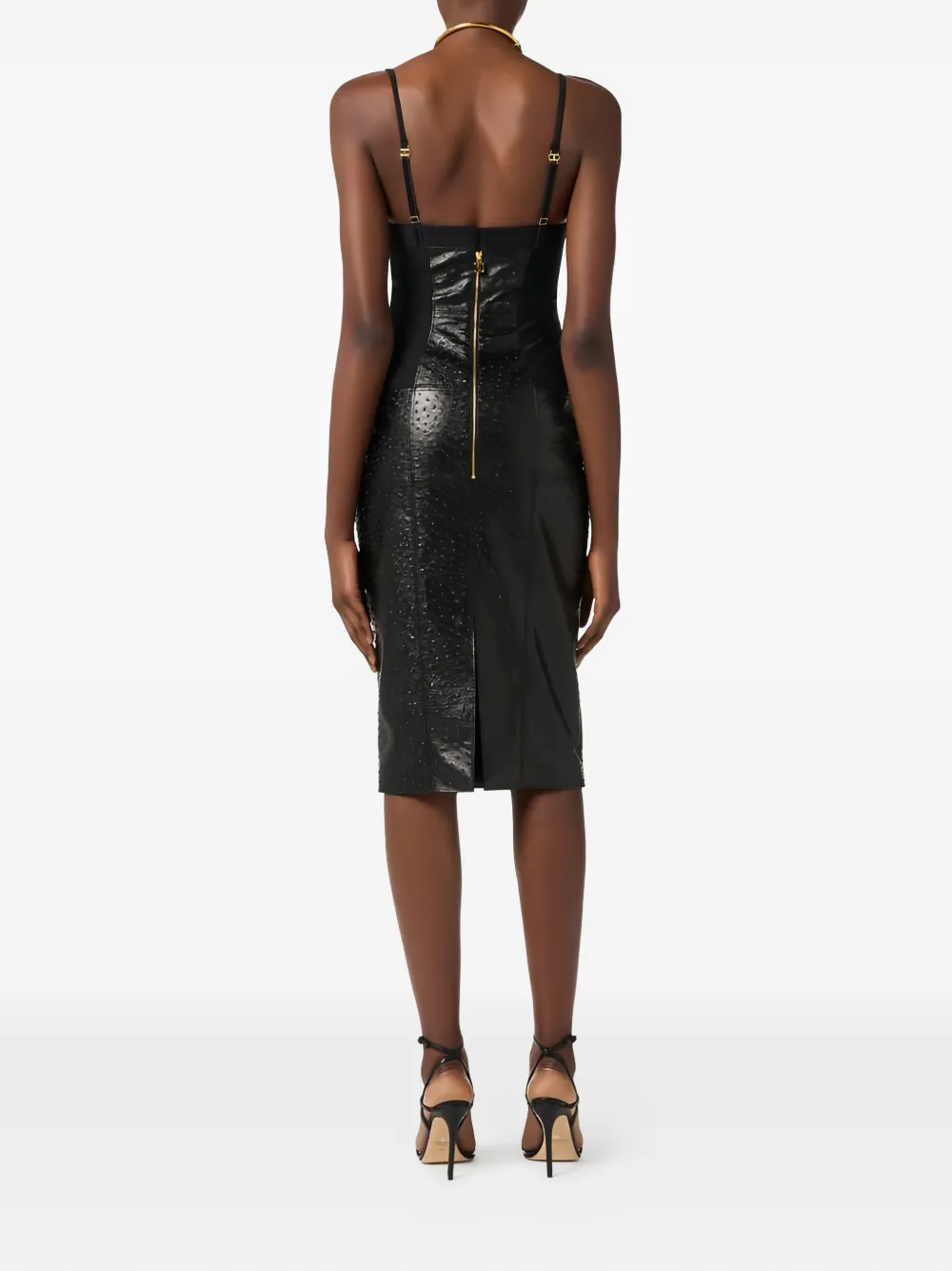 Elisabetta Franchi Midi-jurk met struisvogel-effect en uitgesneden details Zwart