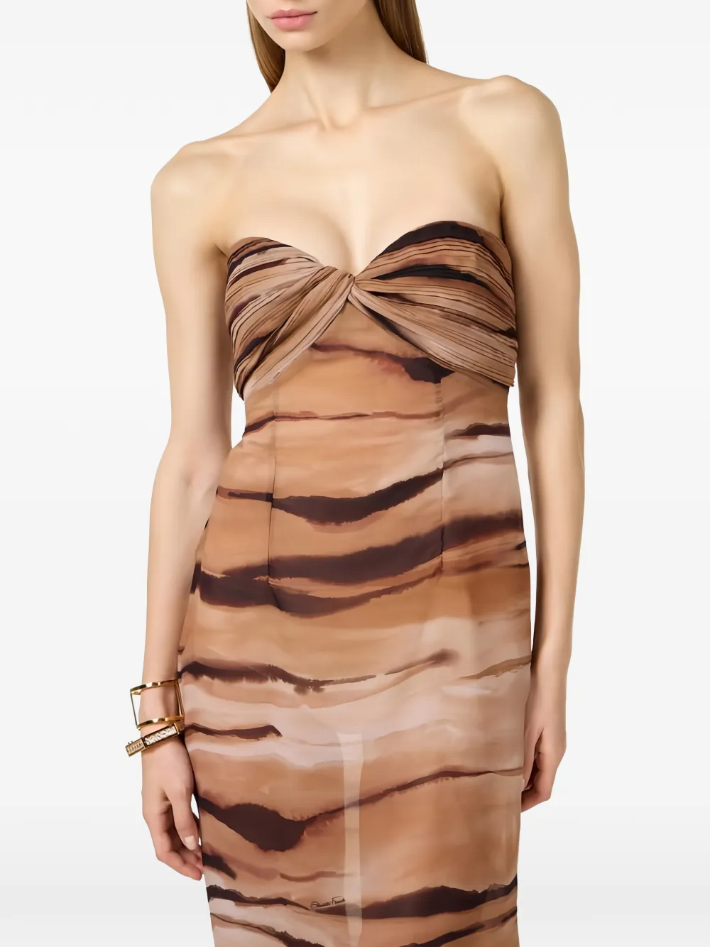 Elisabetta Franchi Strapless maxi-jurk met tijgerprint Beige