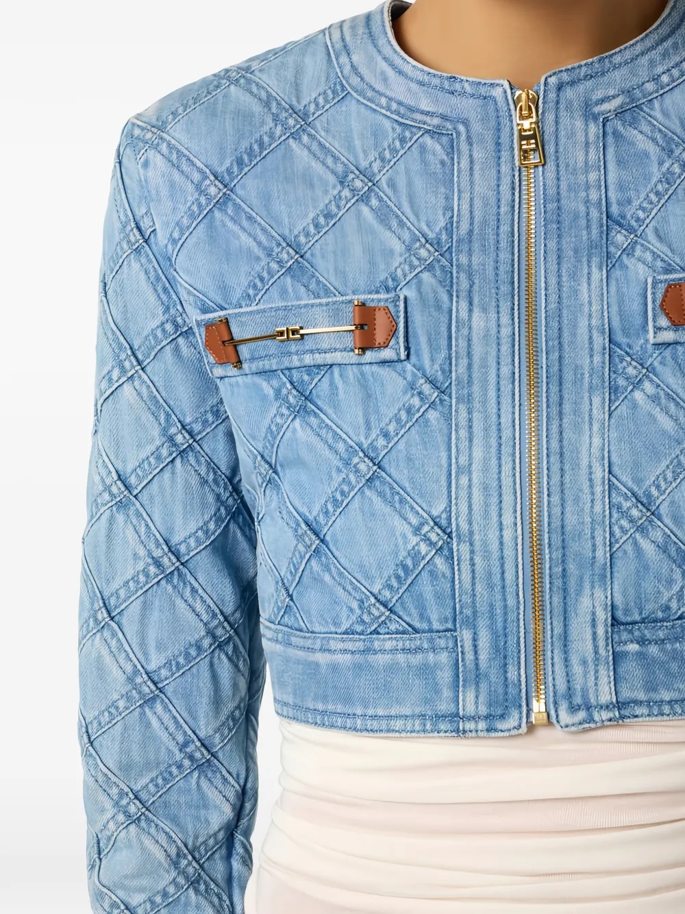 Elisabetta Franchi Diamond Horsebit denim cropped jack Blauw