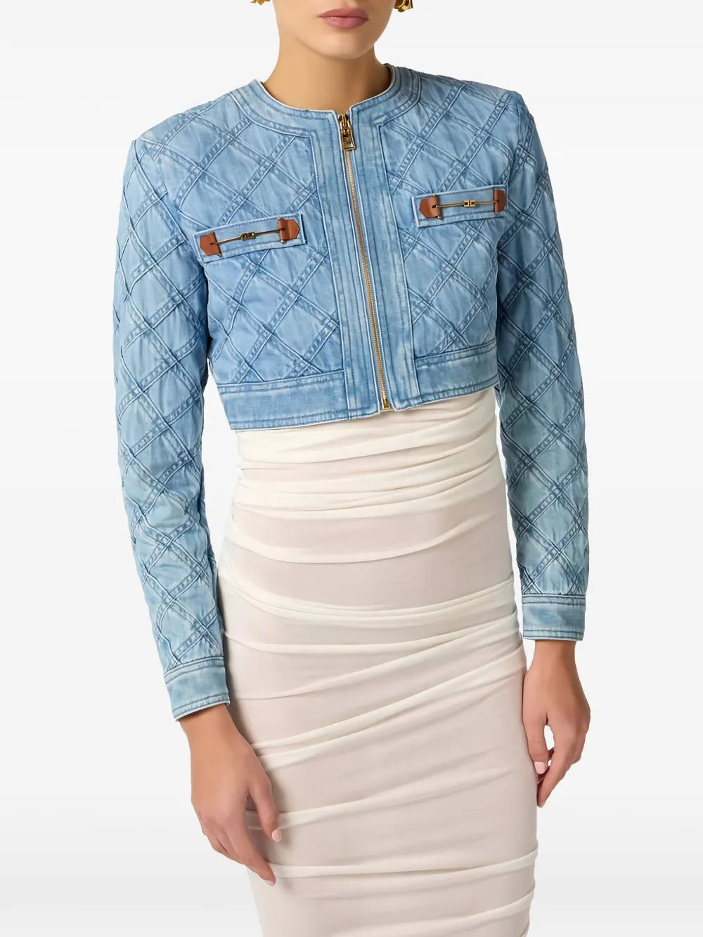 Elisabetta Franchi Diamond Horsebit denim cropped jack Blauw