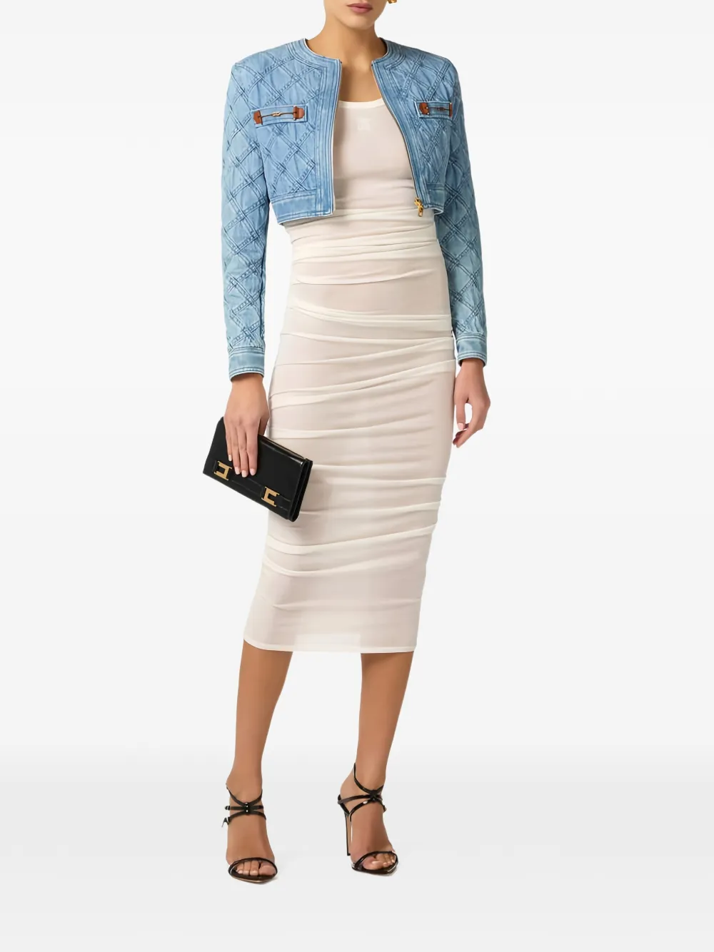 Elisabetta Franchi Diamond Horsebit denim cropped jack Blauw
