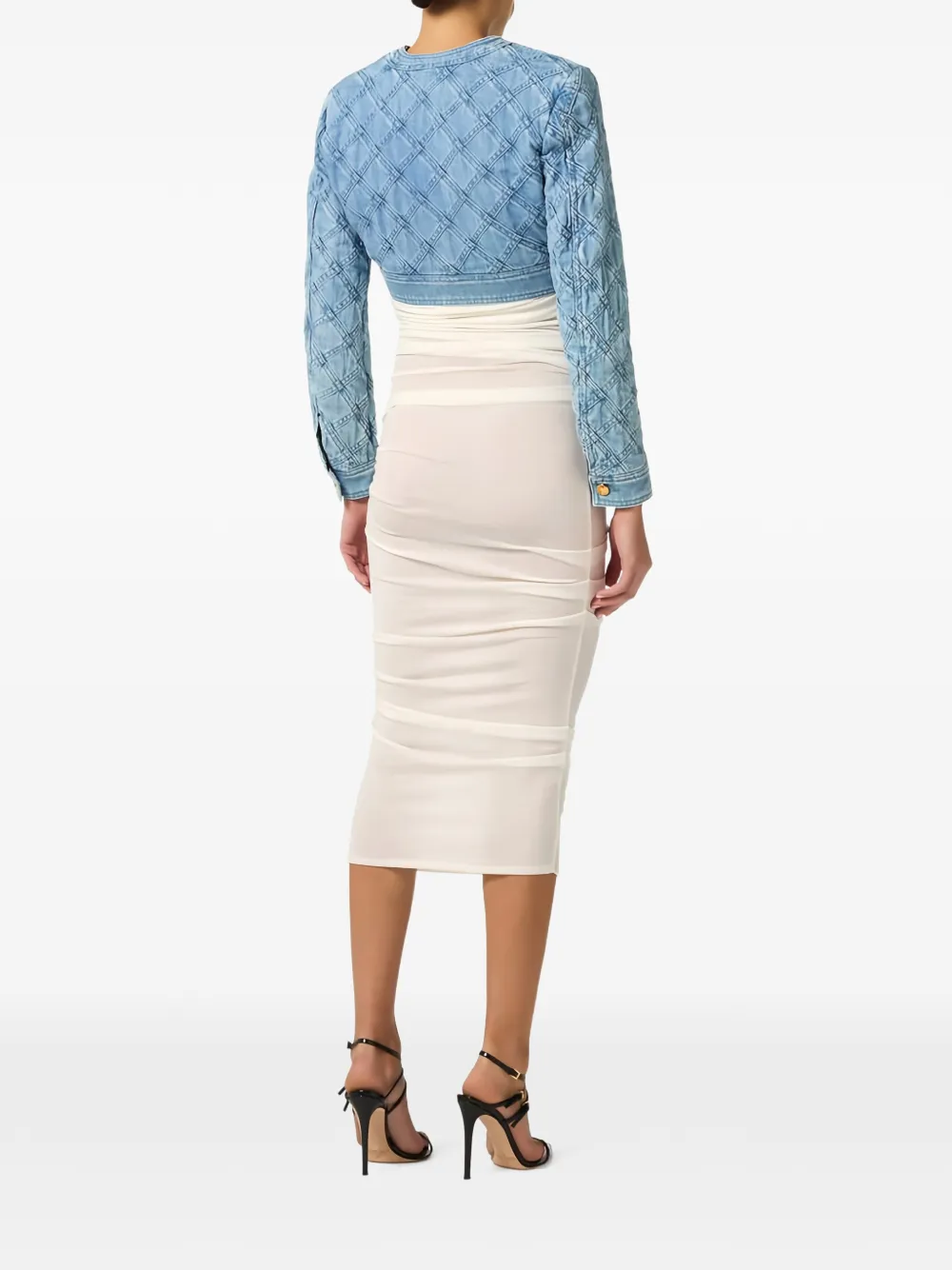 Elisabetta Franchi Diamond Horsebit denim cropped jack Blauw