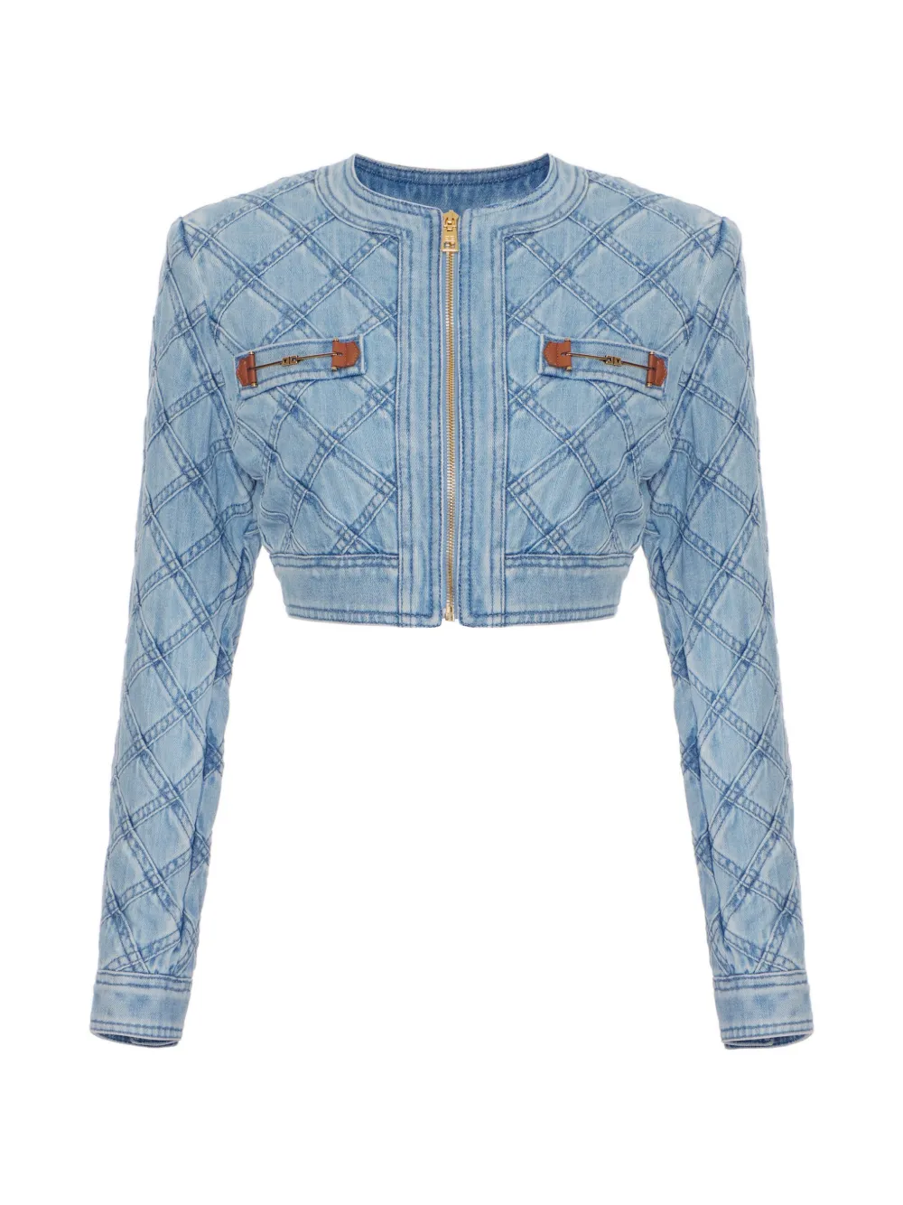 Elisabetta Franchi Diamond Horsebit denim cropped jack Blauw