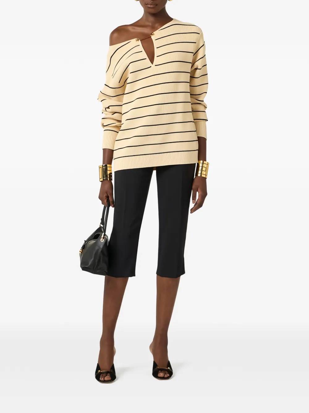  Elisabetta Franchi Striped V-cut Knit Pullover - Neutrals 