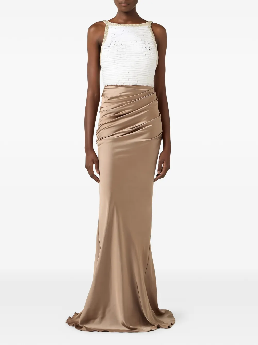 Elisabetta Franchi Gedrapeerde maxi-jurk met ruches Beige