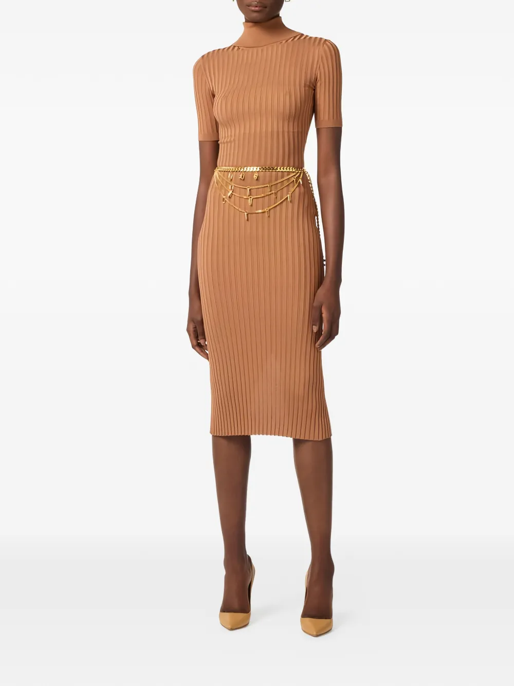 Elisabetta Franchi Gebreide midi-jurk met col Beige