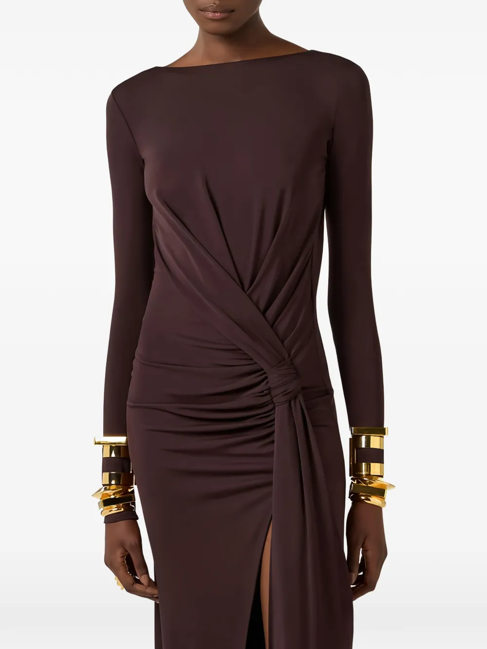 Elisabetta Franchi Gedrapeerde maxi-jurk met open achterkant Bruin