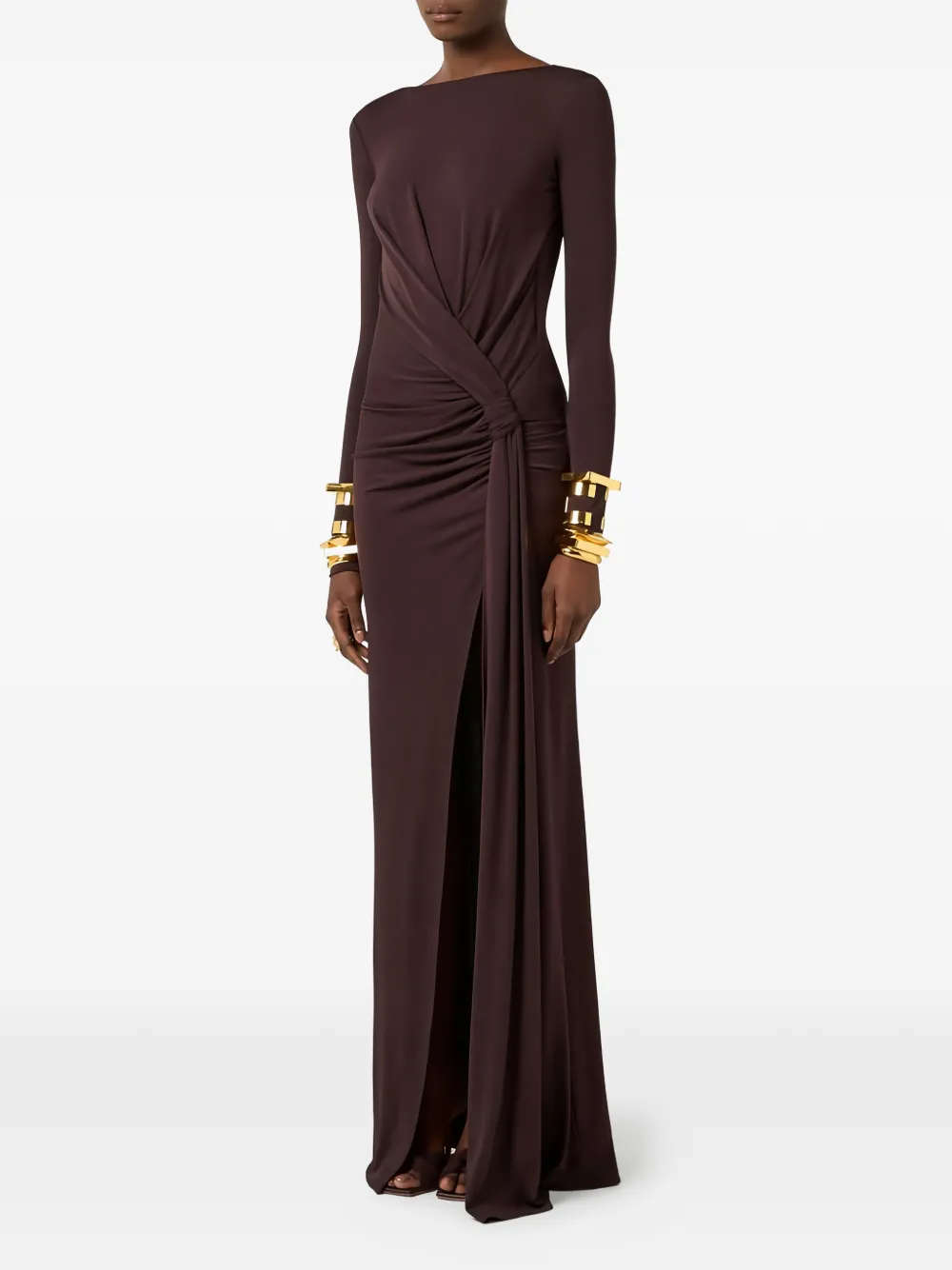 Elisabetta Franchi Gedrapeerde maxi-jurk met open achterkant Bruin