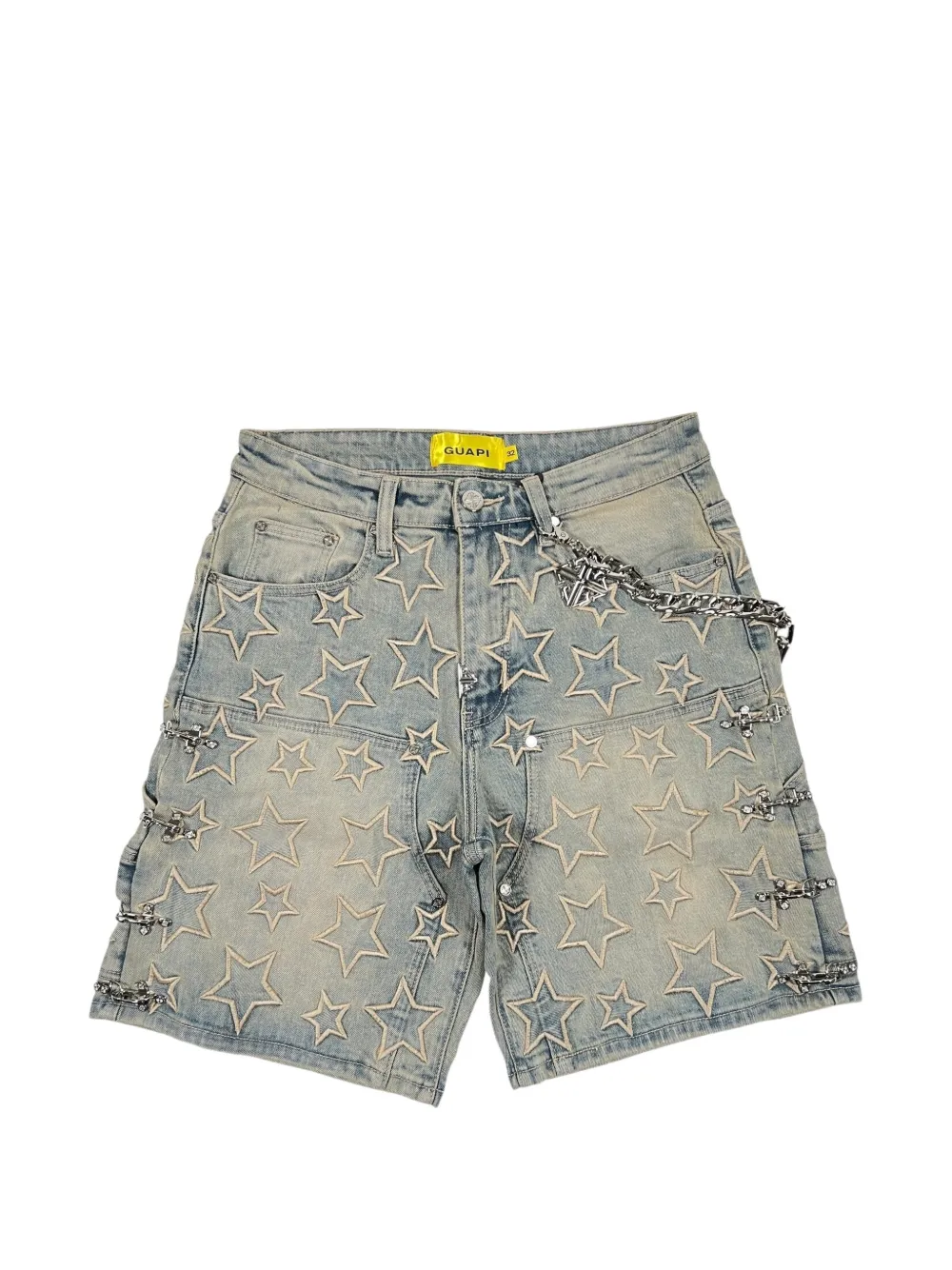 GUAPI star-embossed chain denim shorts - Blau