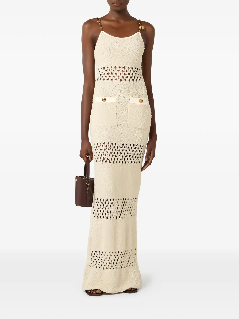  Elisabetta Franchi Cut-out Chain Bouclé Maxi Dress - Neutrals 