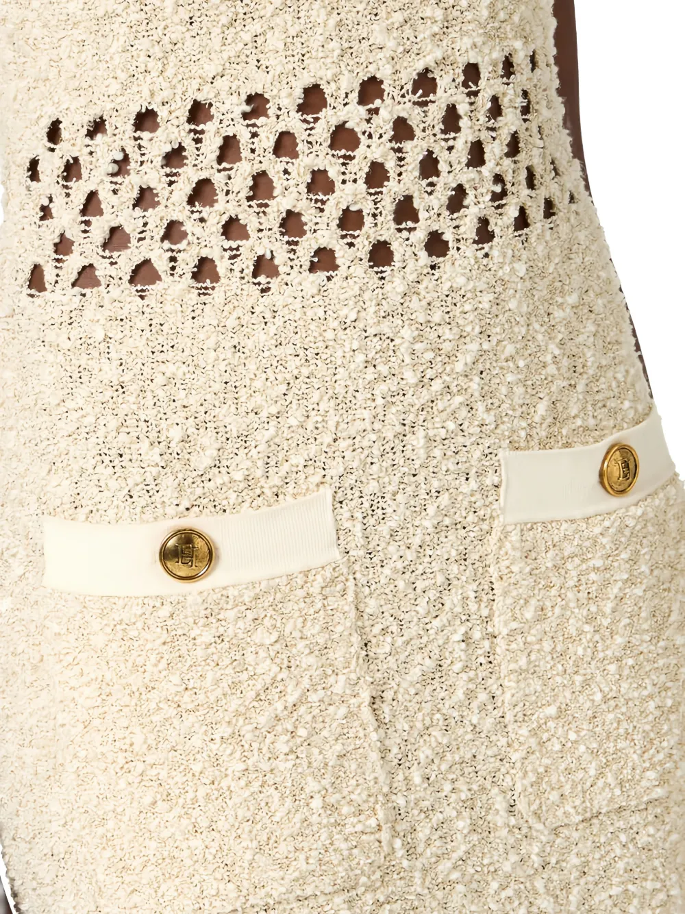 Elisabetta Franchi Bouclé maxi- jurk met ketting en uitgesneden details Beige