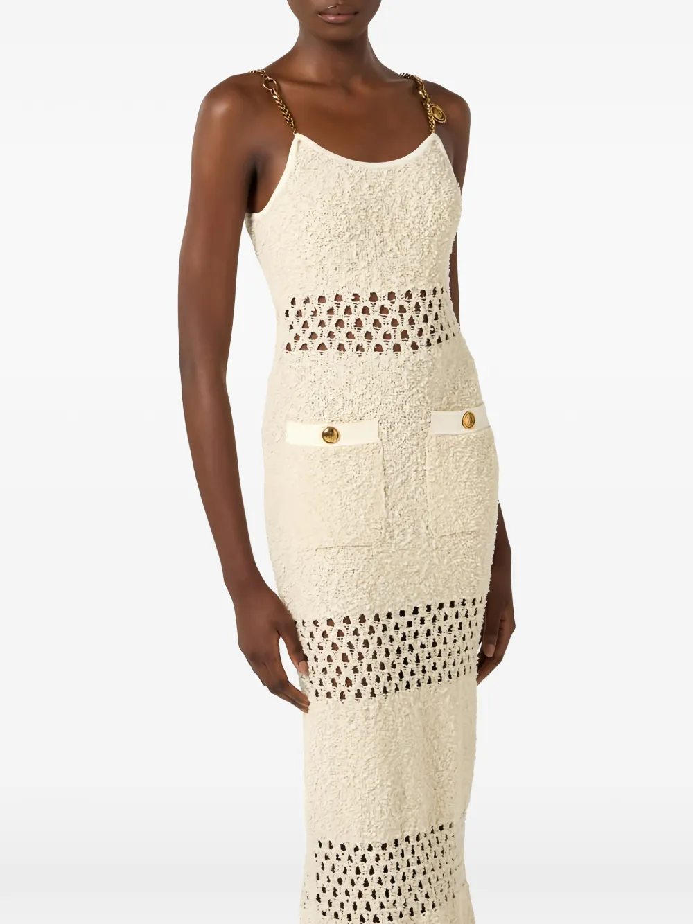 Elisabetta Franchi Bouclé maxi- jurk met ketting en uitgesneden details Beige