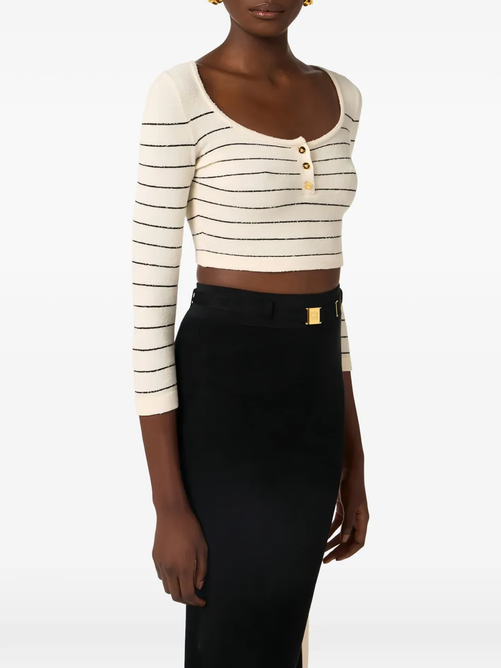 Elisabetta Franchi Gestreepte cropped trui met knoopsluiting Beige