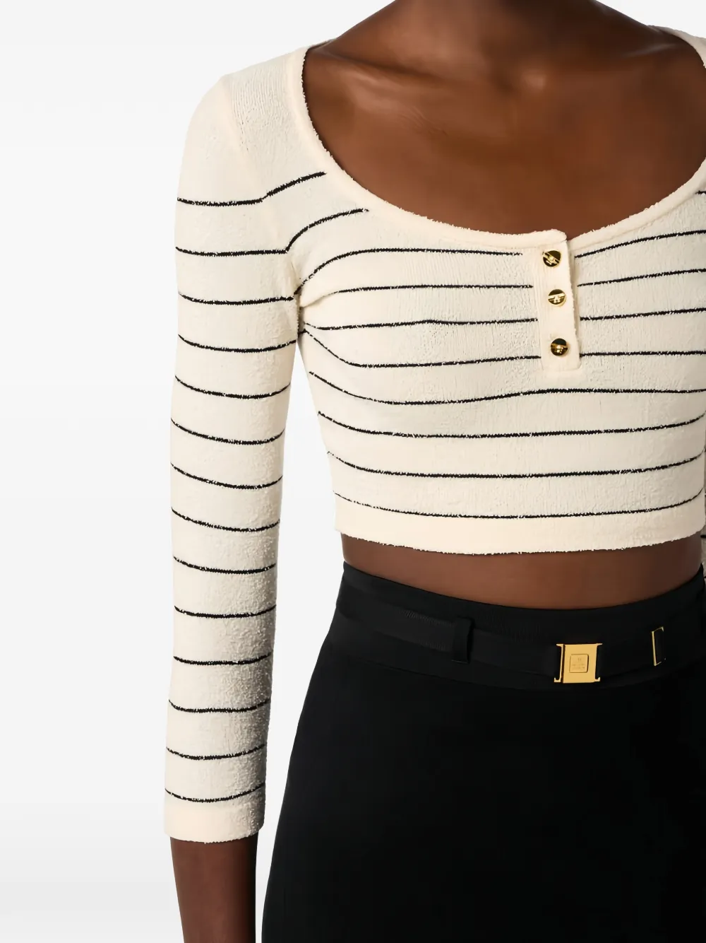 Elisabetta Franchi Gestreepte cropped trui met knoopsluiting Beige