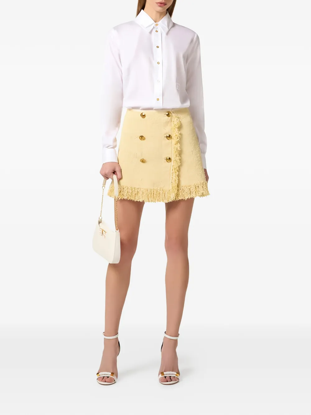  Elisabetta Franchi Bouclé Fringed Button Mini Skirt - Yellow 