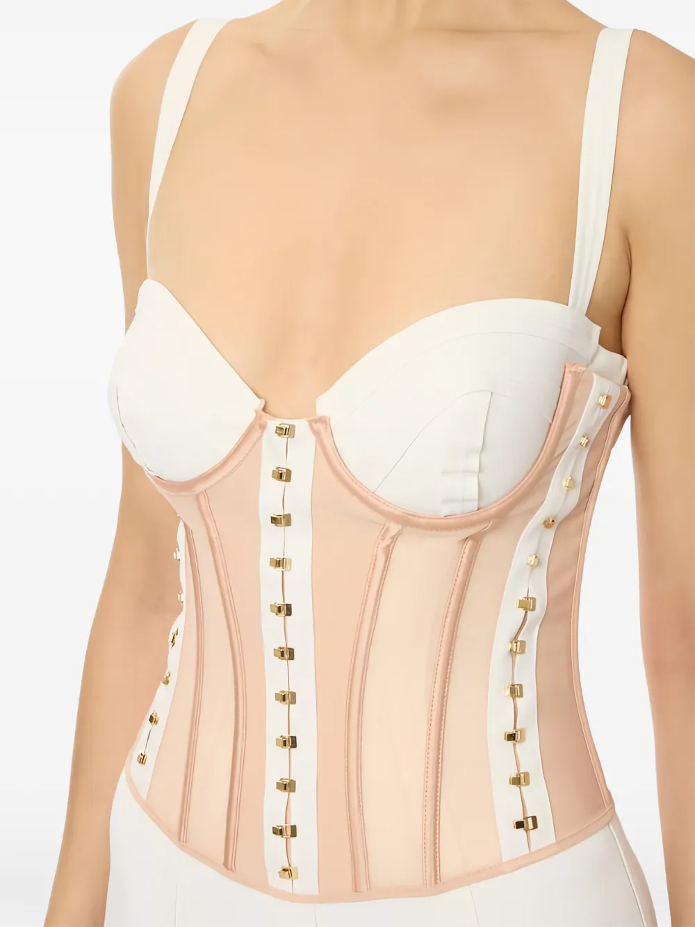 Elisabetta Franchi Bustier top van bi-elastische en tulen stoffen Beige