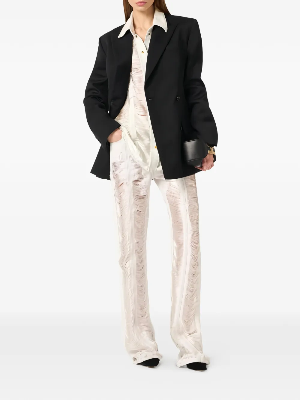  Elisabetta Franchi Distressed Fringed Palazzo Jeans - White 
