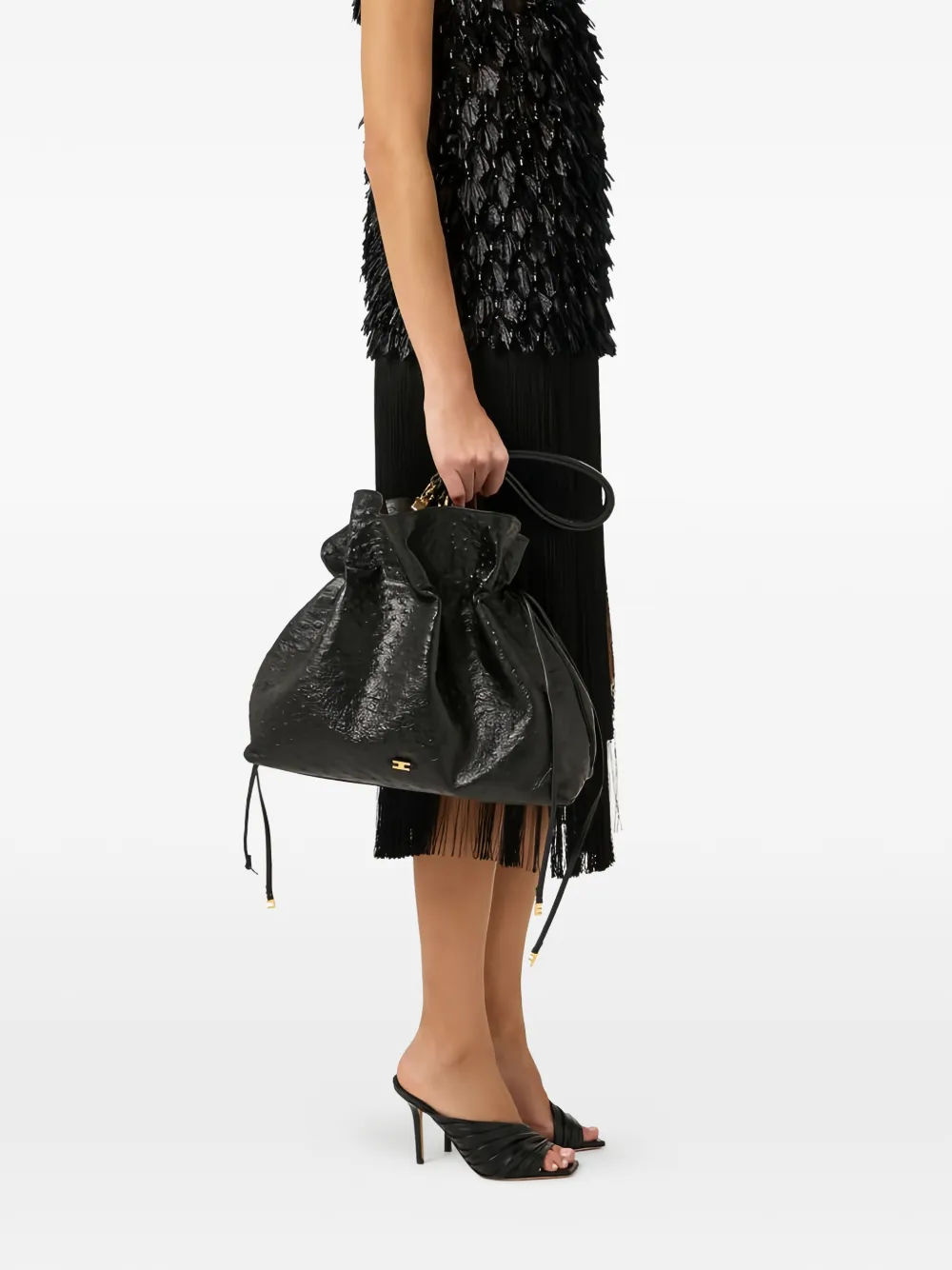 Elisabetta Franchi Leren shopper met struisvogel-print Zwart