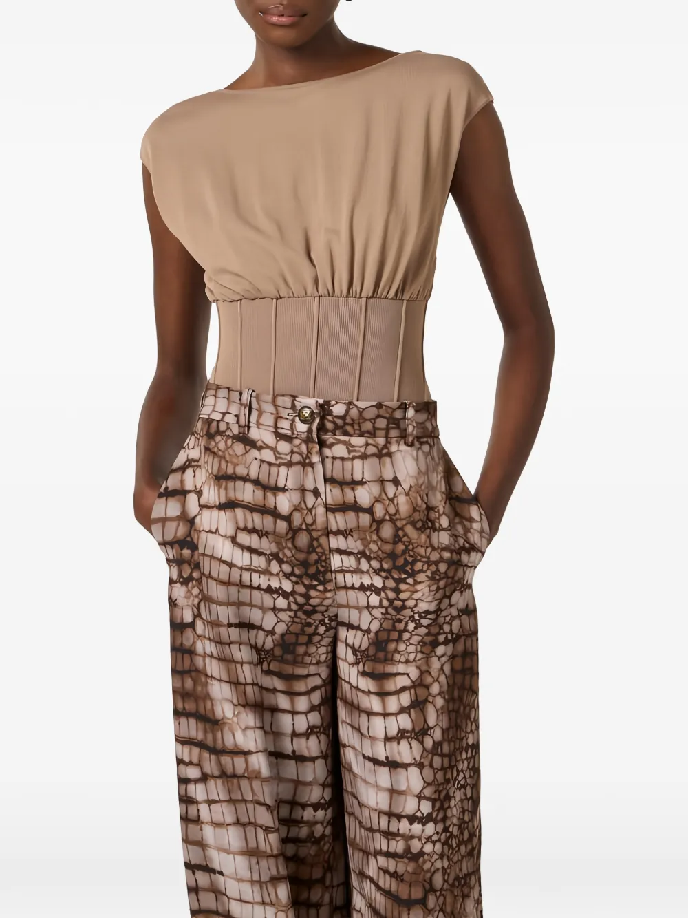 Elisabetta Franchi Geribbelde body met detail in de hals Beige